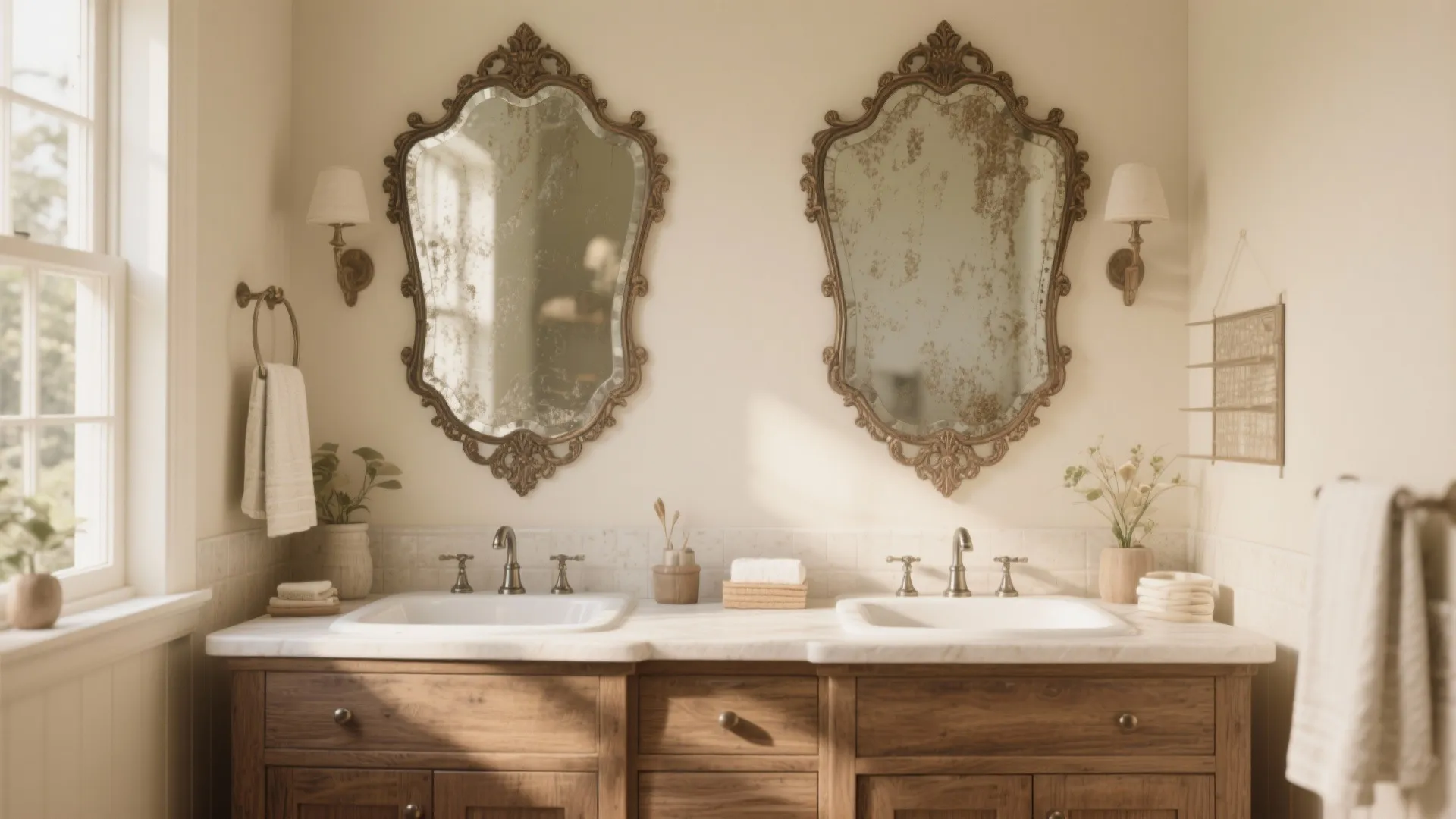 Vintage bathroom design with two decorative mirrors over wood cabinet double sink and wall lights