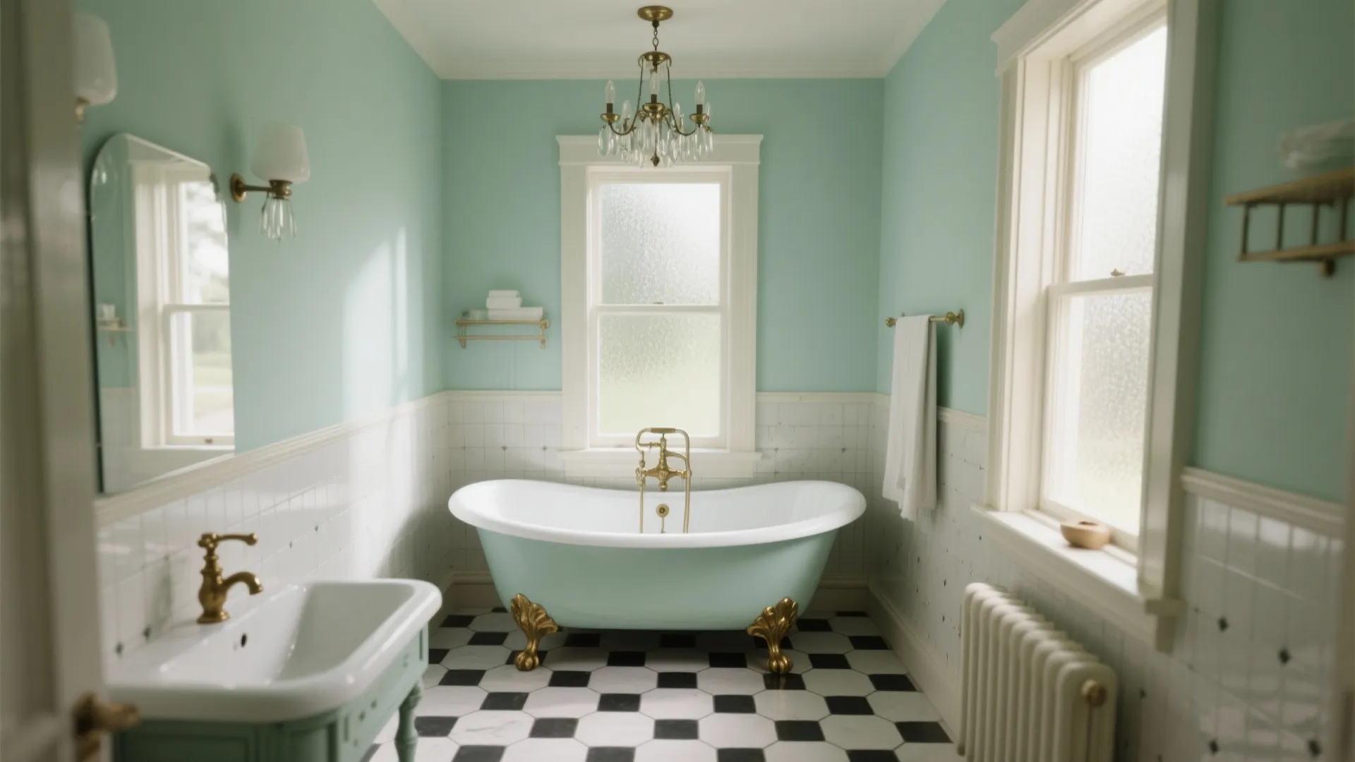 Vintage bathroom with mint green walls clawfoot bathtub black and white floor tiles and windows