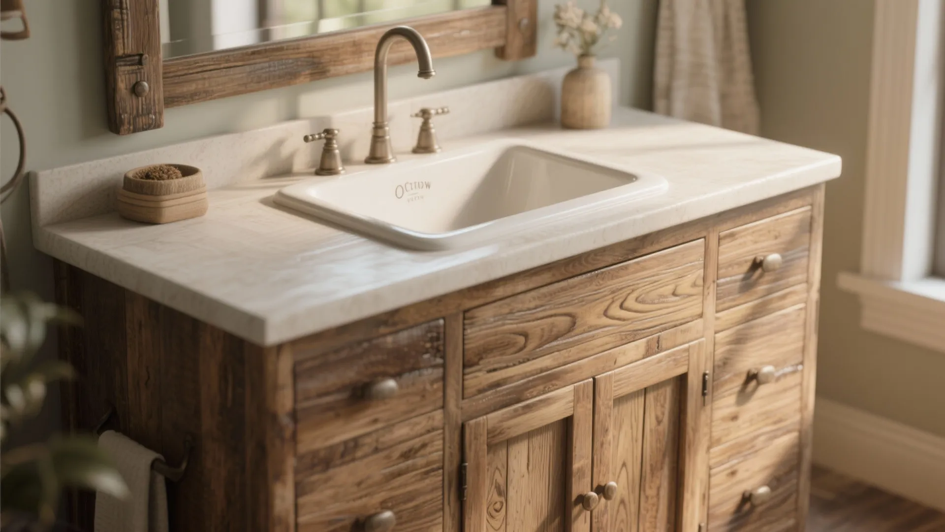 Vintage wooden bathroom cabinet with white sink brass water tap and matching wood framed mirror