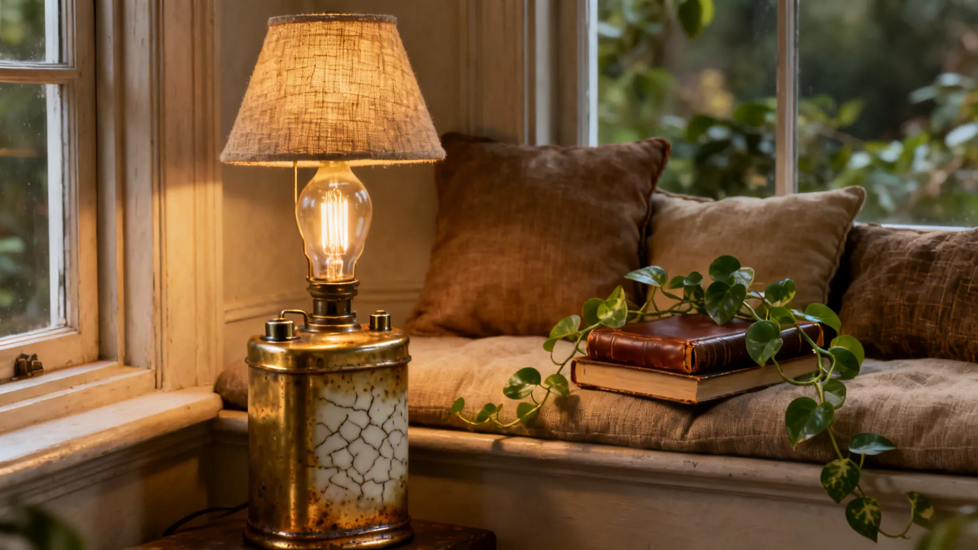 Vintage-style brass battery lamp glowing warmly in a bay window corner with books and a plant.