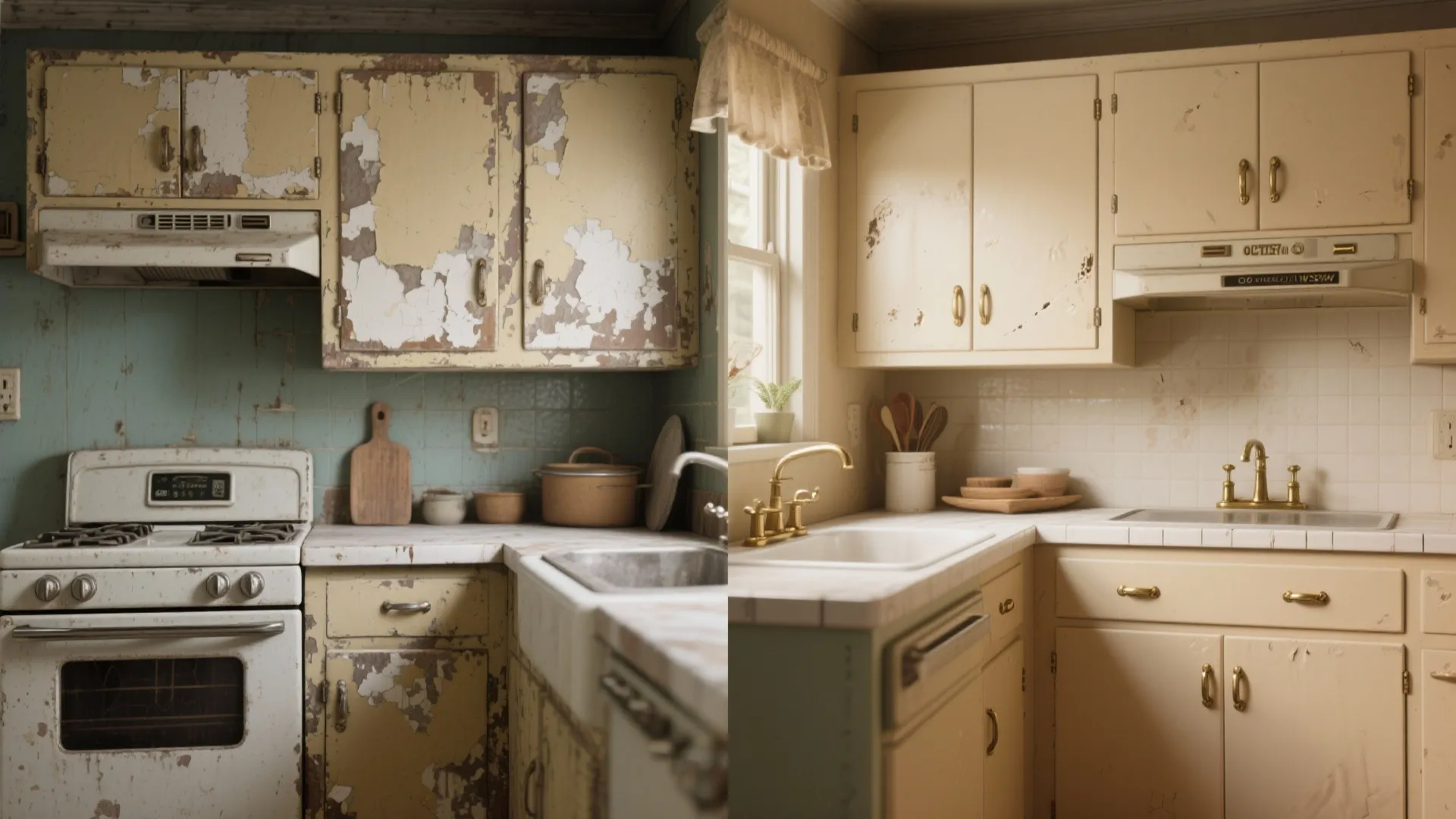Side by side comparison showing a vintage kitchen before and after a clean modern renovation