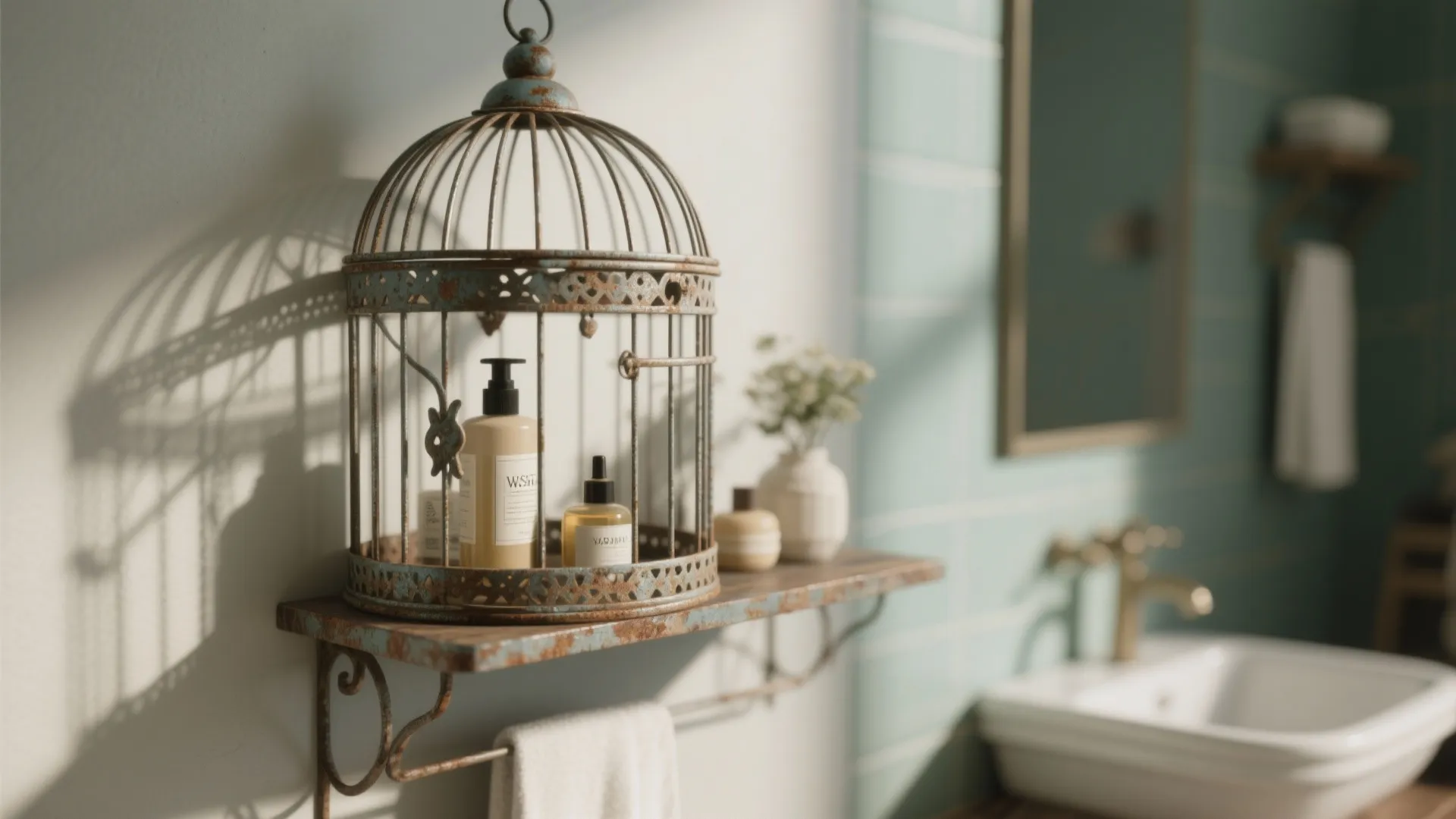 Vintage rusty birdcage holding soap bottles on a wooden wall shelf in a bright bathroom