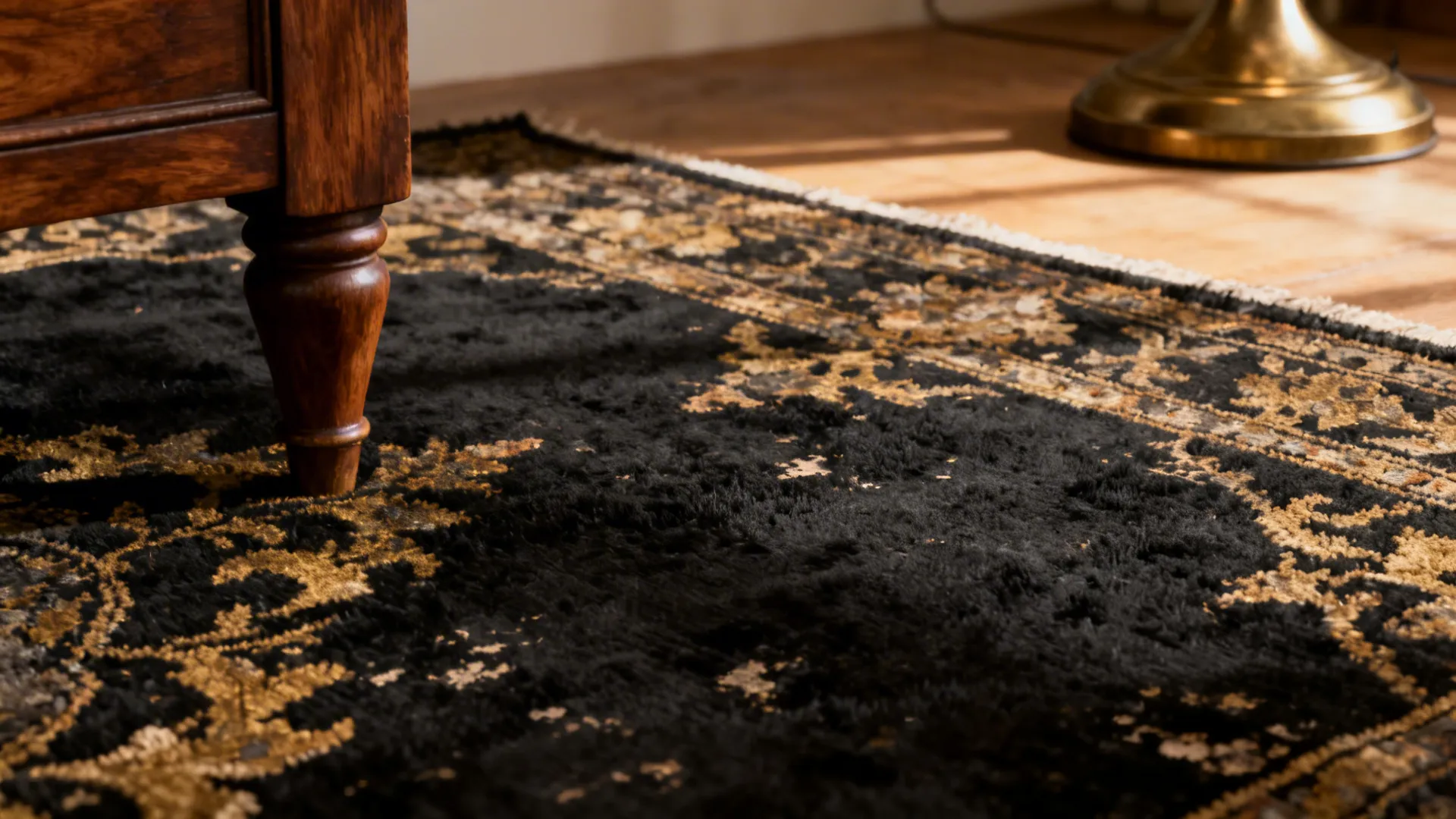 Close-up of a vintage-style black rug with aged gold highlights near walnut furniture and brass lamp.