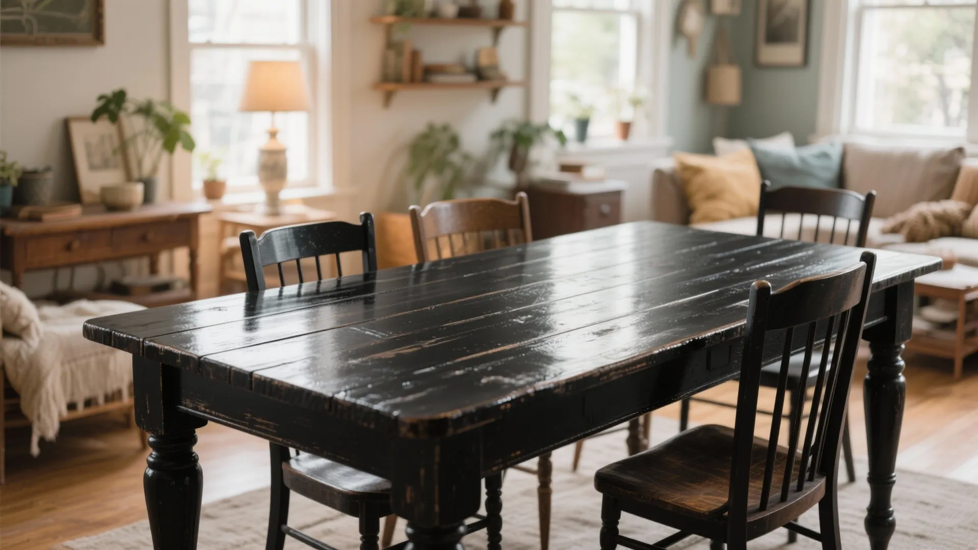 Vintage black wooden dining table with matching chairs in a rustic living room interior design