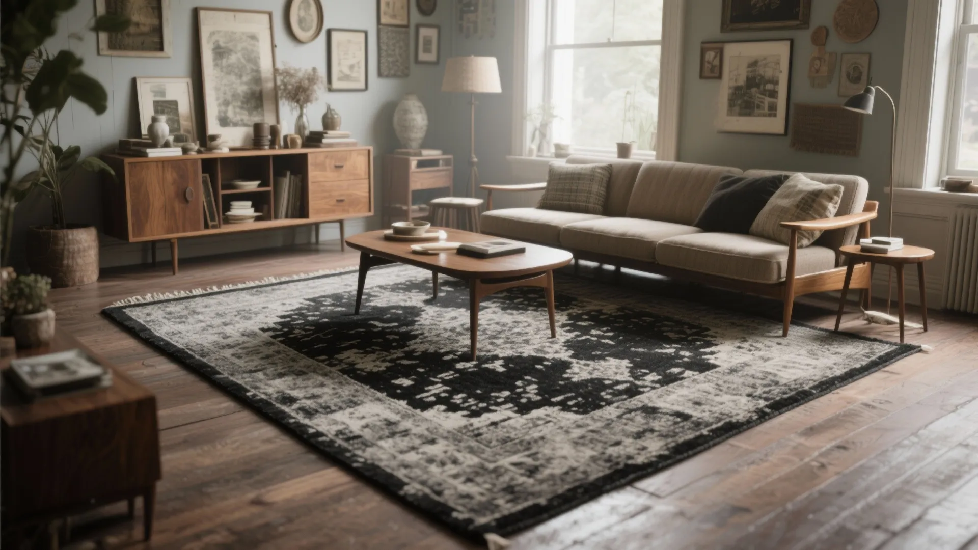 Living room with a vintage-inspired distressed black and washed grey rug paired with mid-century seating.