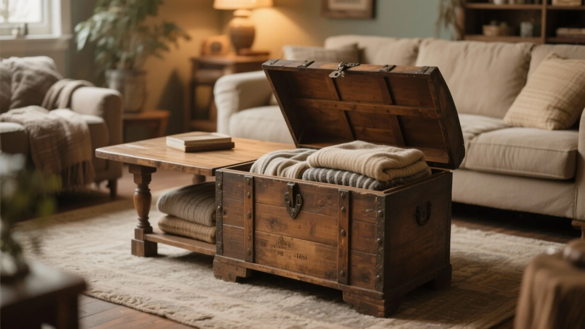 Open wooden storage box with folded blankets inside placed in a warm cozy living room