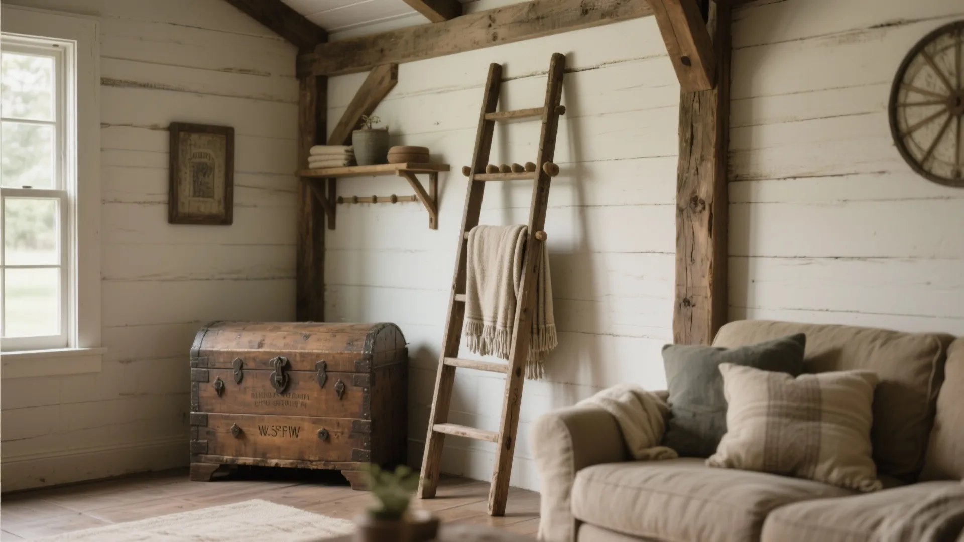 Rustic living room with wooden ladder, vintage chest, beige sofa, white wall, and natural light