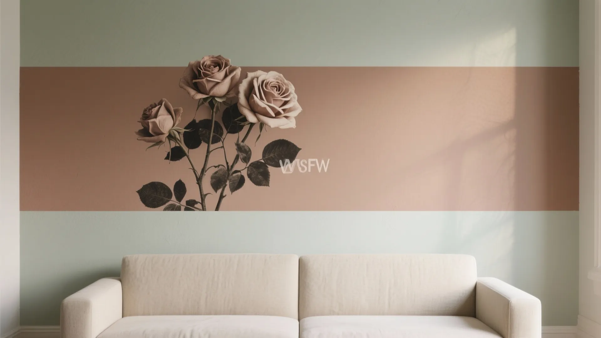 Modern living room with beige sofa and vintage rose wall design featuring green and pink