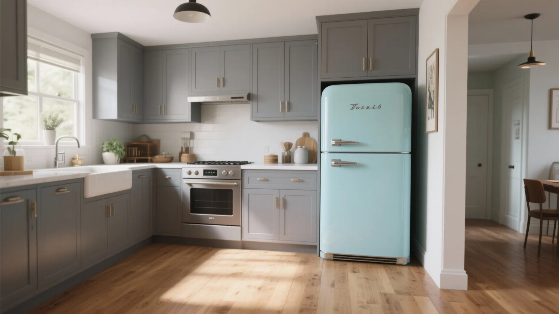 Grey kitchen cabinets with light blue retro fridge wood floor white sink and natural sunlight