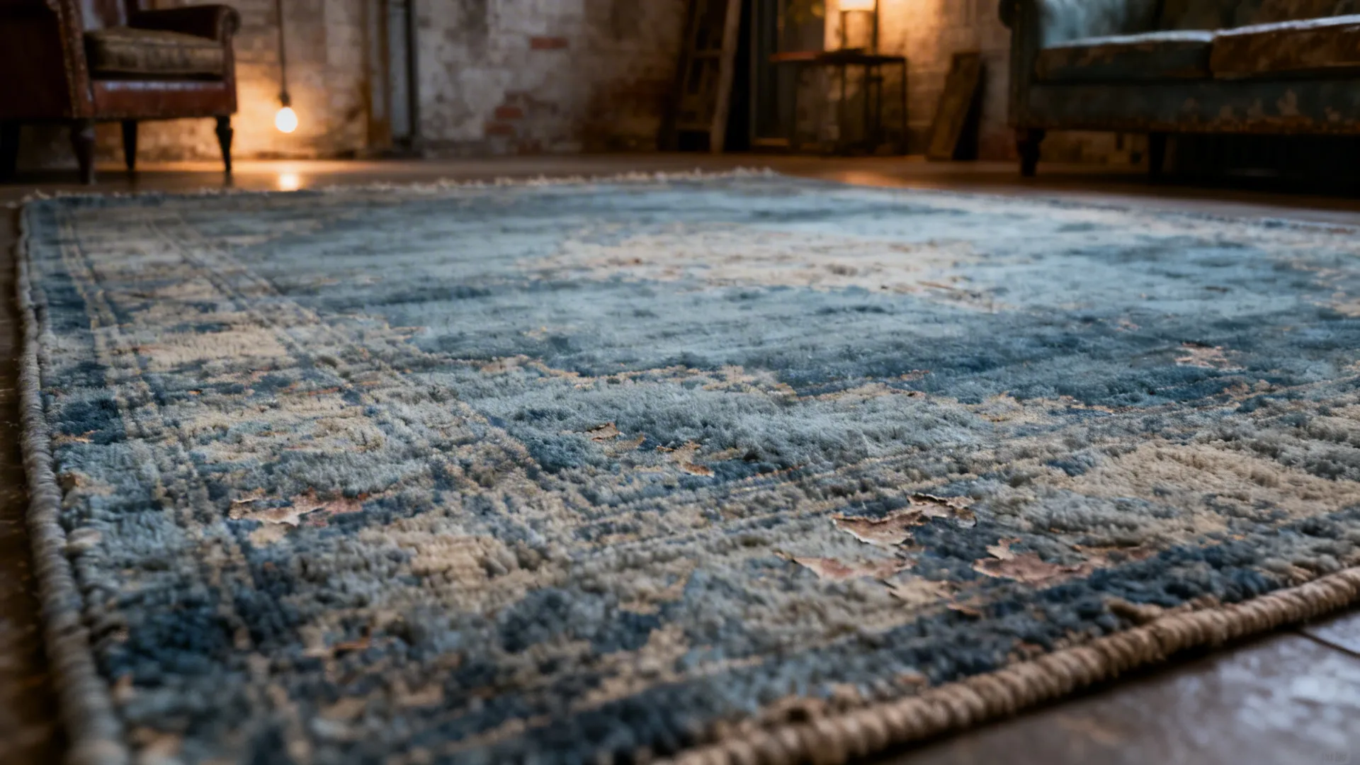Macro view of a vintage-washed blue-grey rug with faded patina and textured fibers.