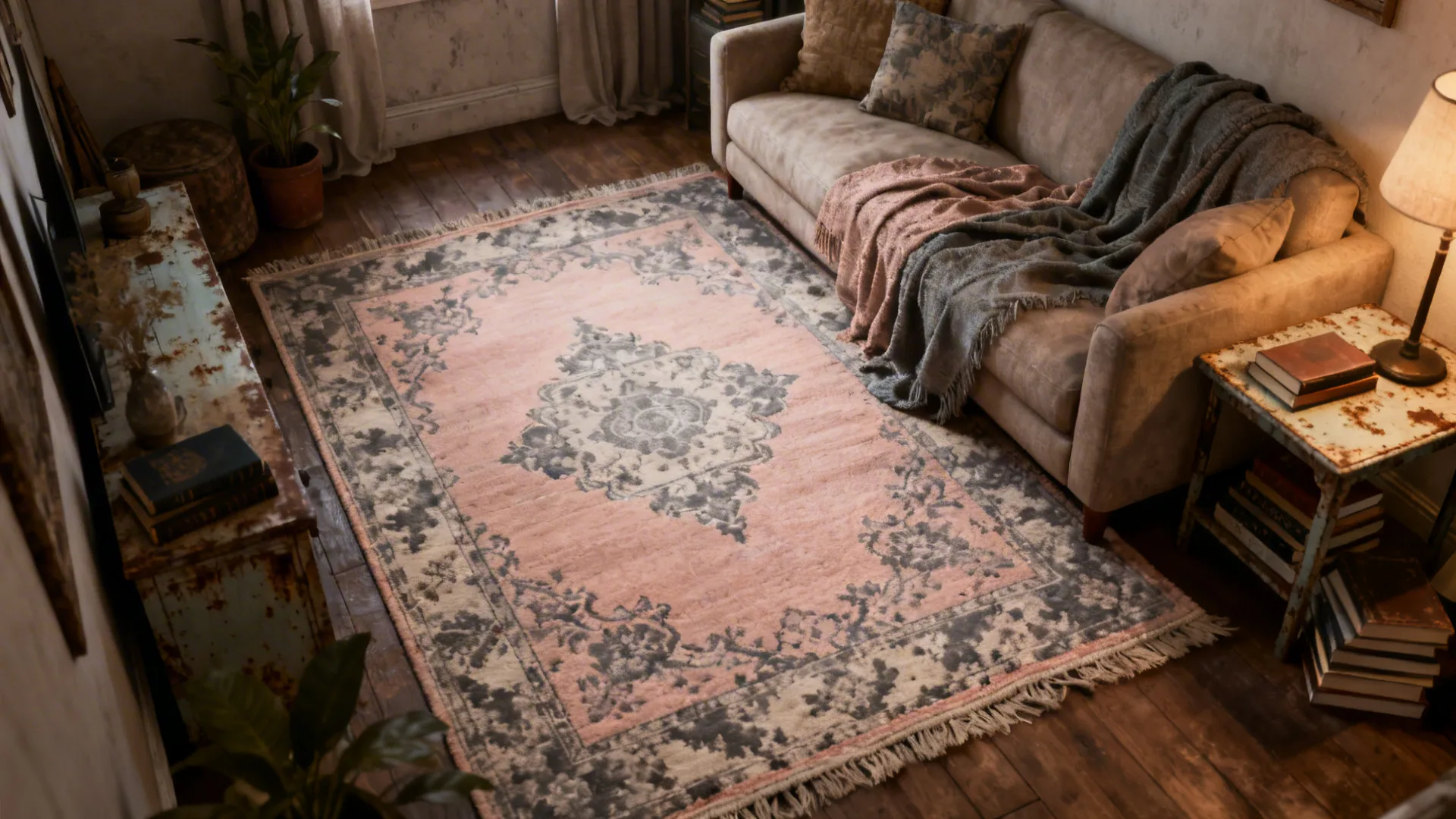 Cozy living room with a vintage blush Persian rug and layered warm textiles