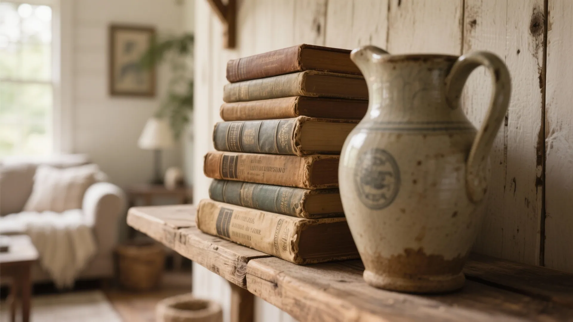 Vintage books stacked on a wooden shelf next to a ceramic water jug in living room