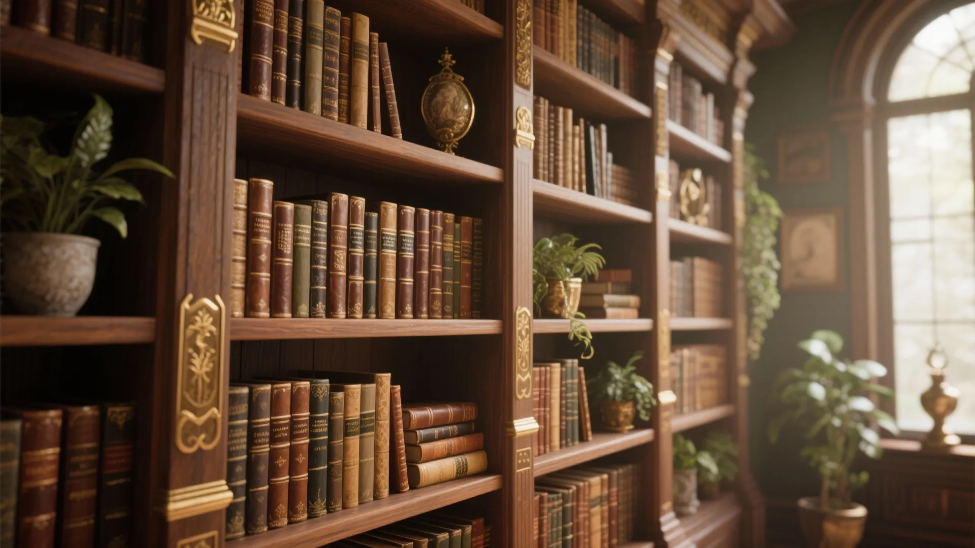 Tall wooden bookshelf filled with many old books and small plants near a large window