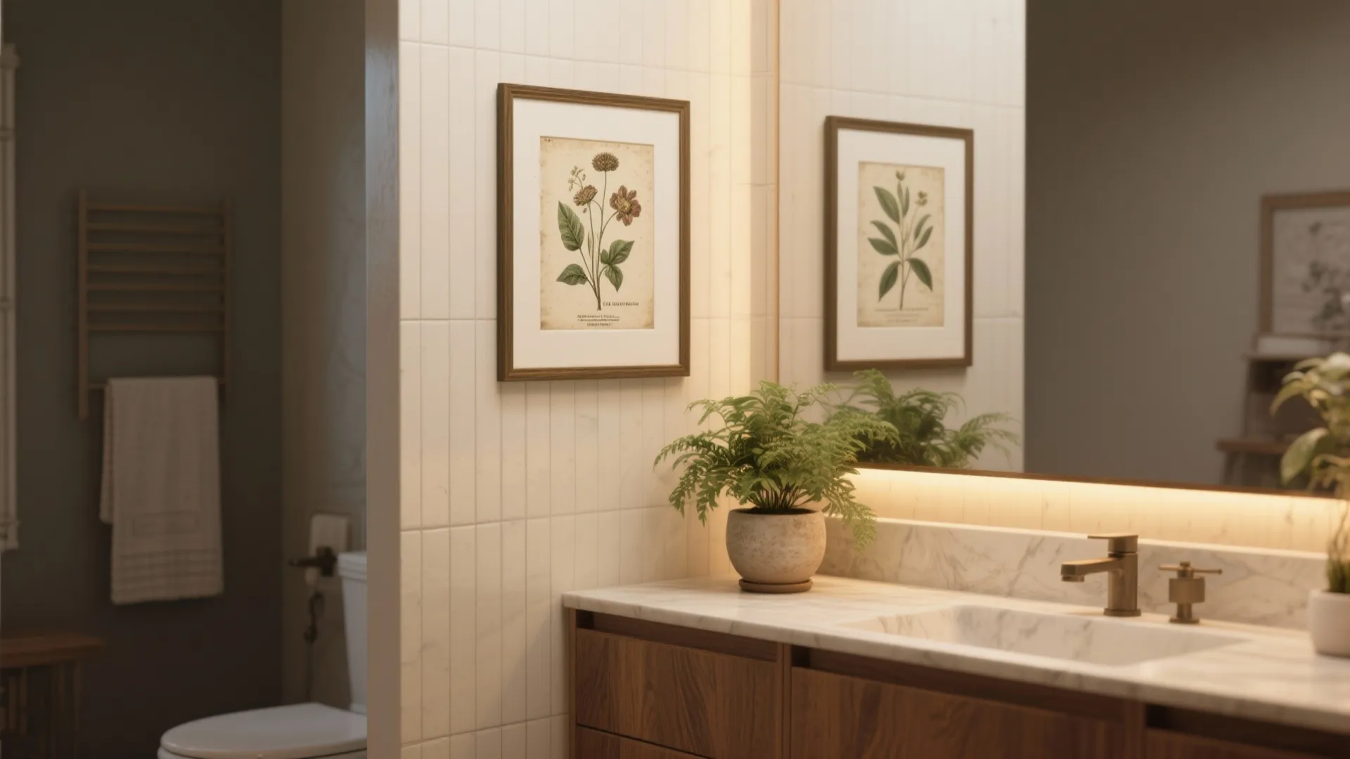Modern bathroom with botanical wall art and green plant on marble counter near wooden cabinet