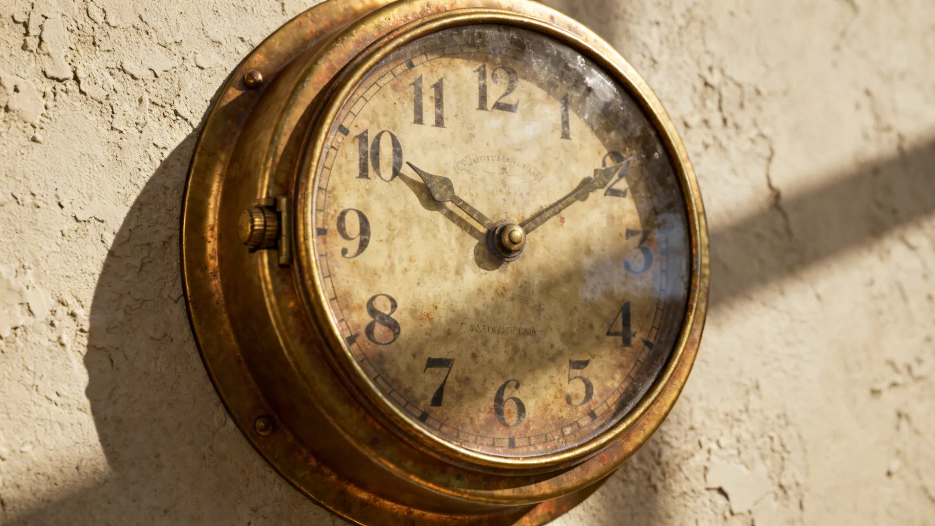 Close-up of a vintage brass wall clock with warm patina on a textured plaster wall