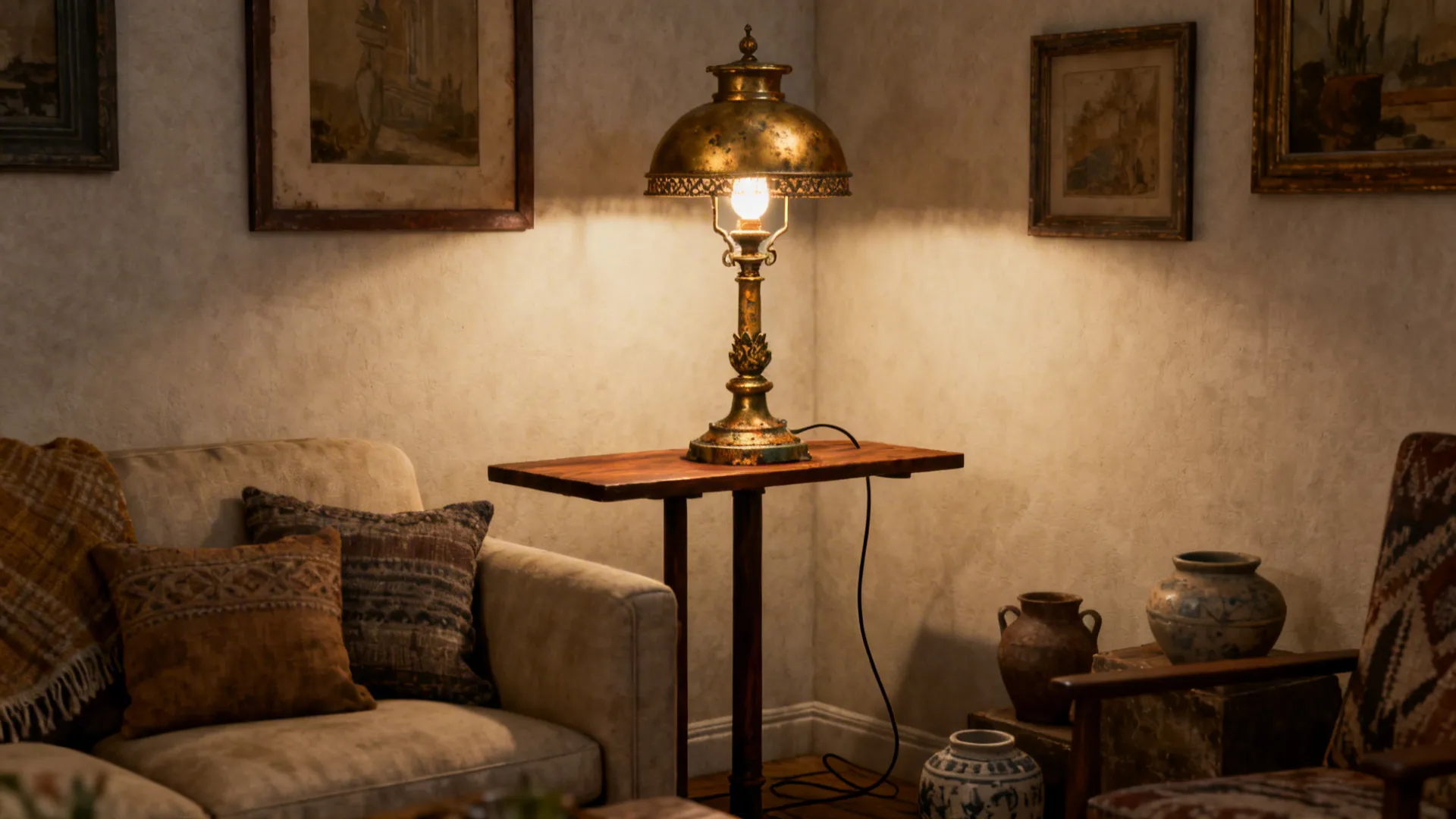 Antique-style brass lamp with patina sitting on a slim console behind a sofa.