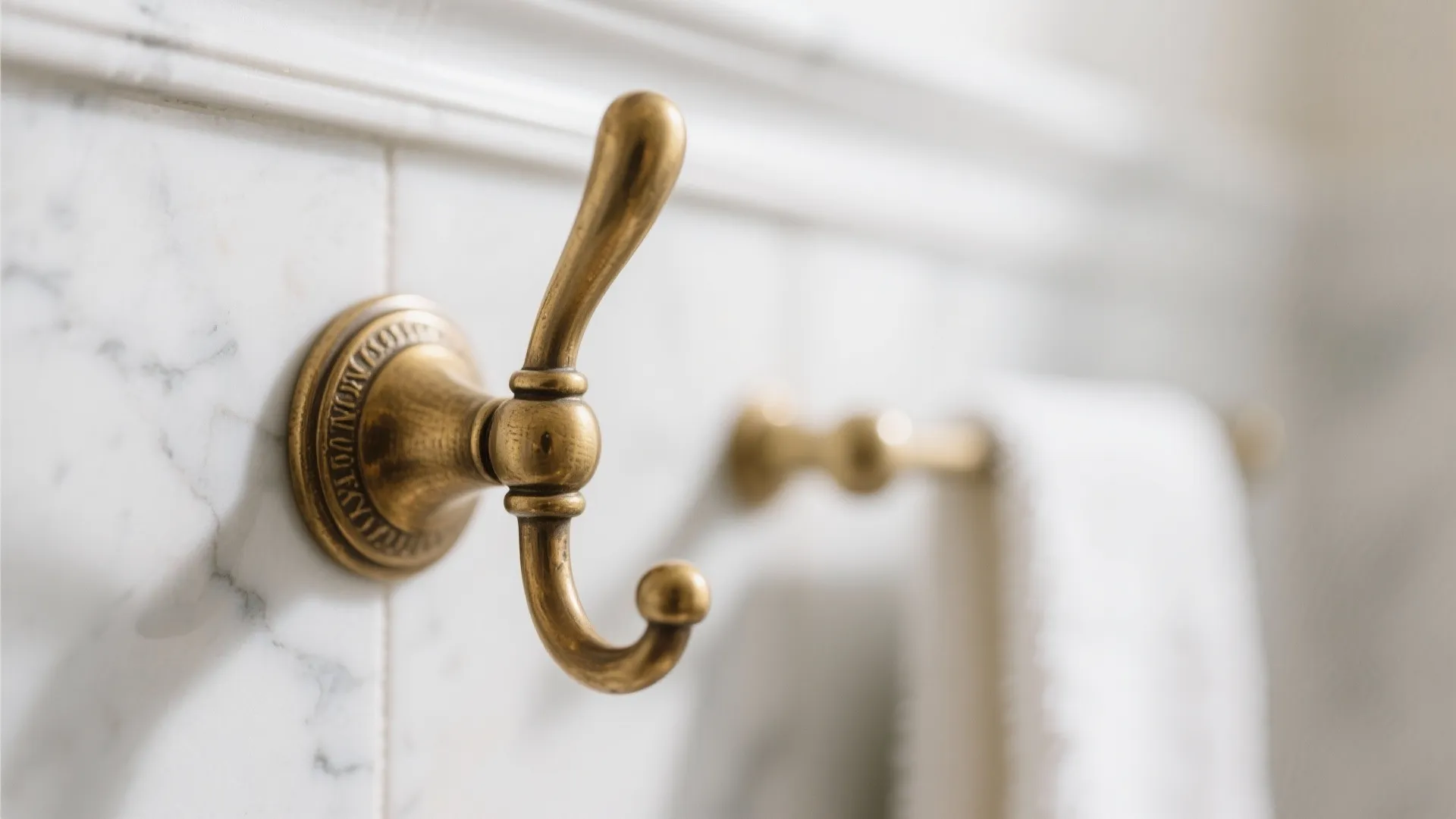 Close-up of a vintage brass towel hook on marble bathroom wall