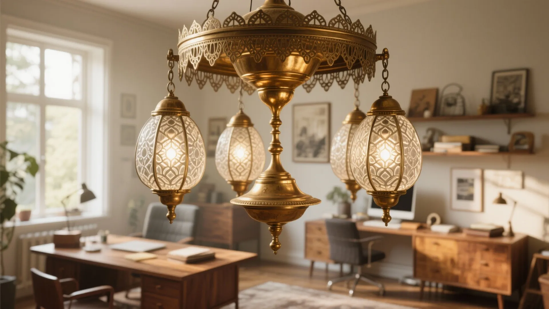 Vintage brass ceiling light with glass shades hanging in a home office with wooden desks