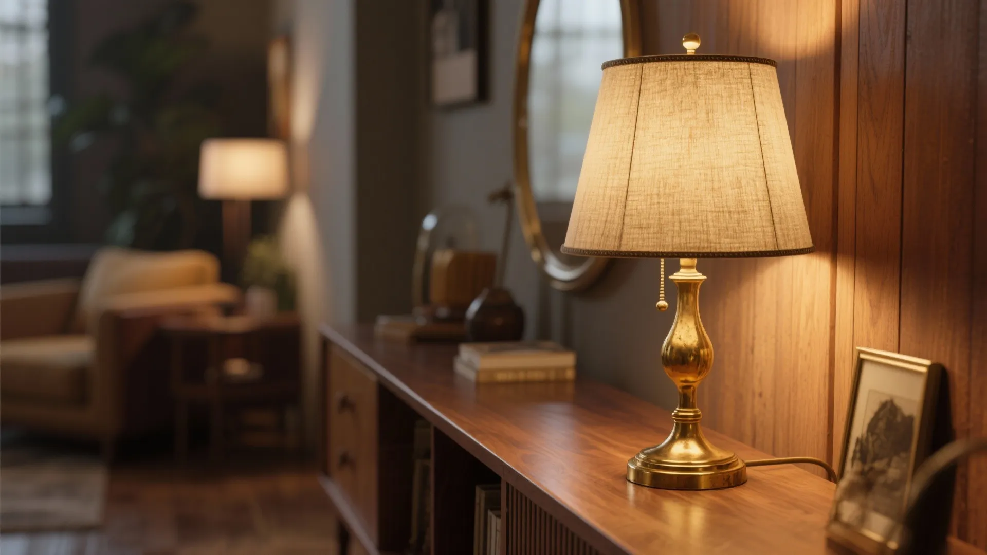 Vintage brass table lamp with fabric shade sitting on a wooden cabinet in cozy room
