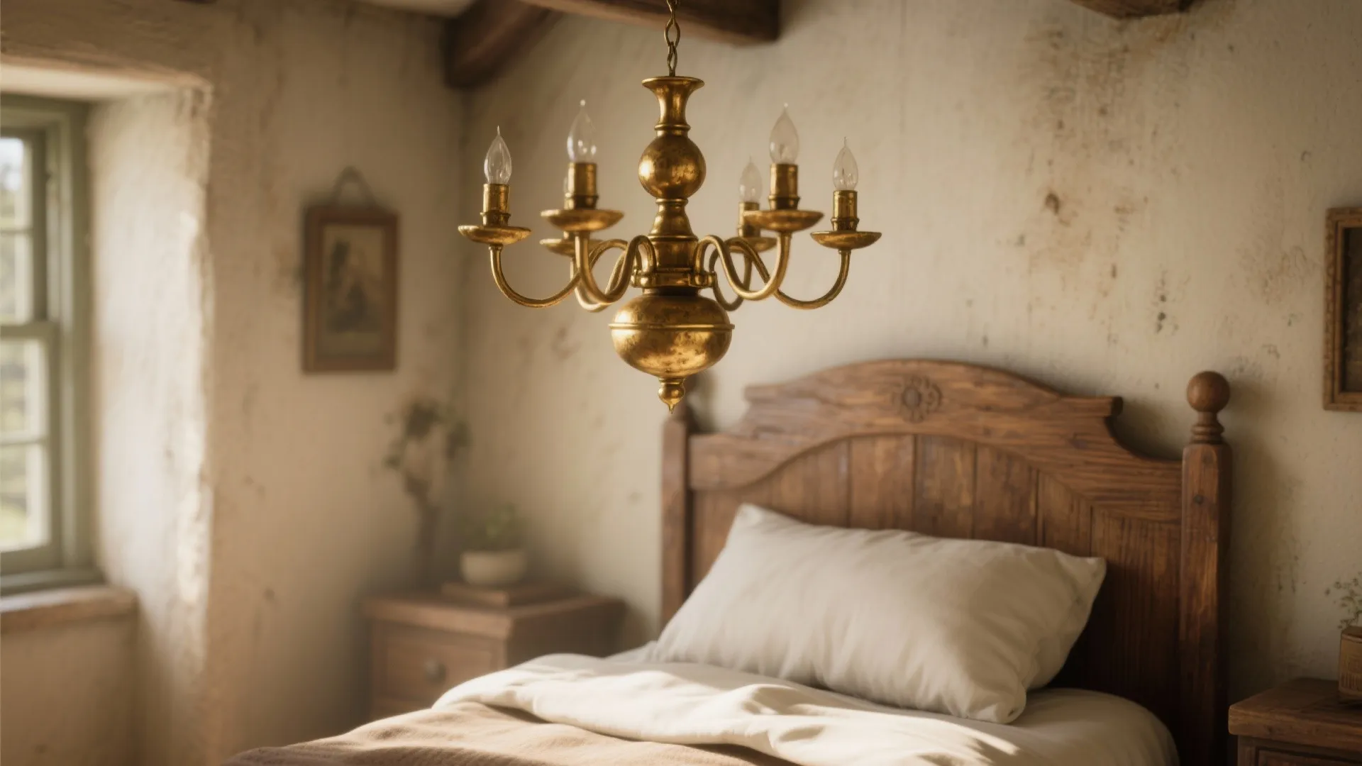 Vintage brass mini-chandelier over a small bed creating a warm, cozy feel