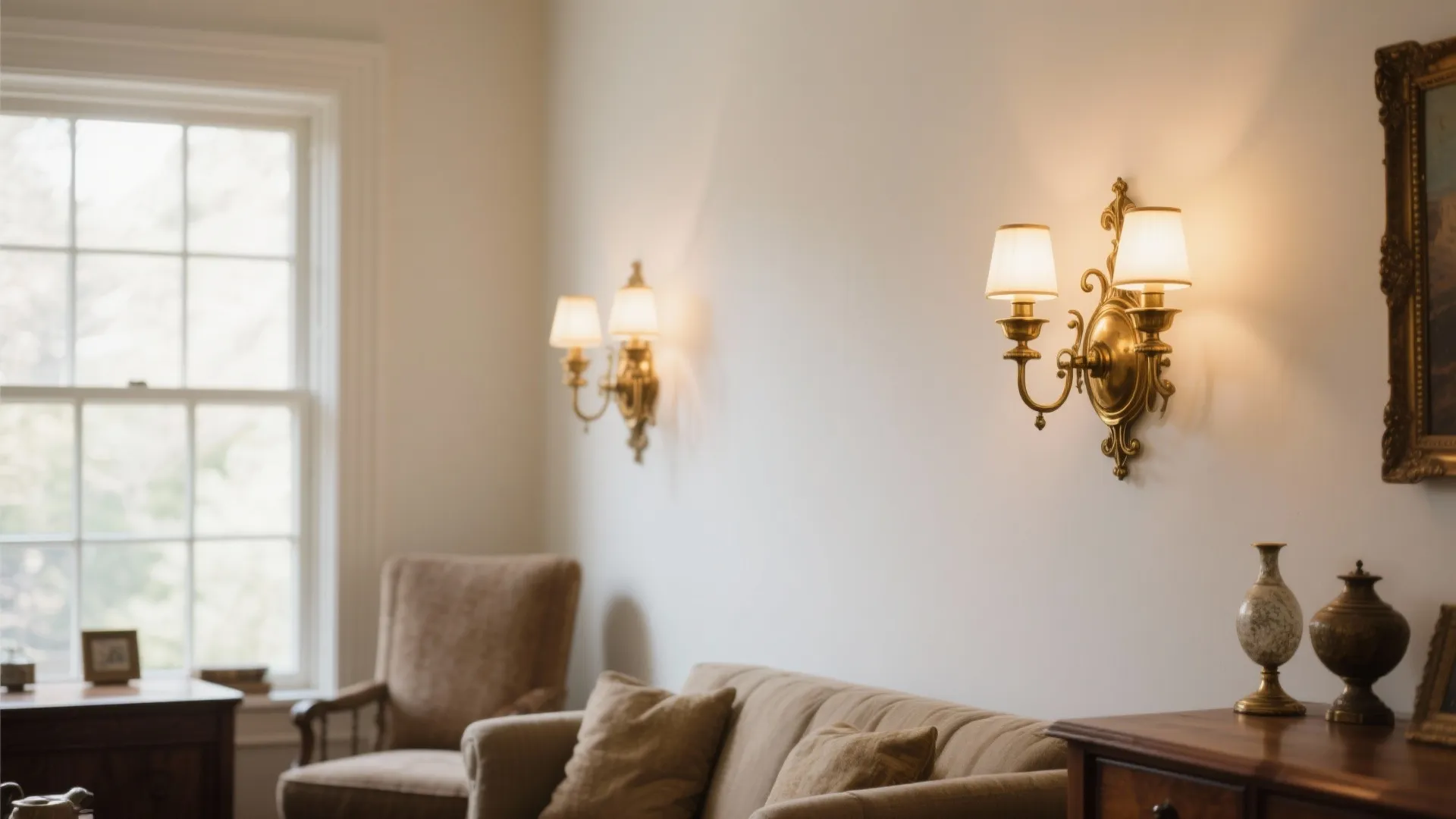 Vintage living room with two brass wall lights on white wall above a brown fabric sofa