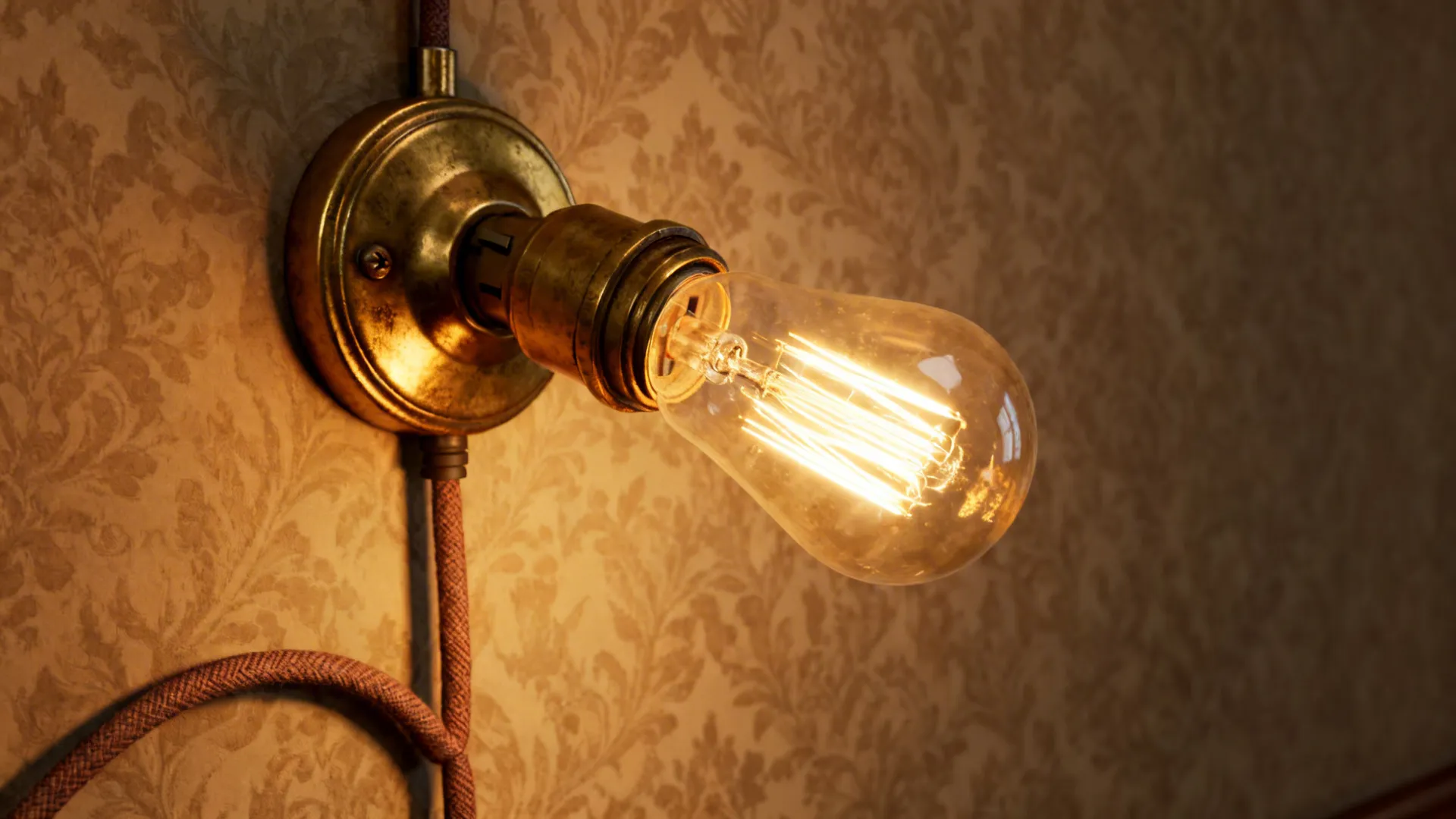 Vintage brass plug-in sconce with filament LED and discreet fabric cord on textured wall.