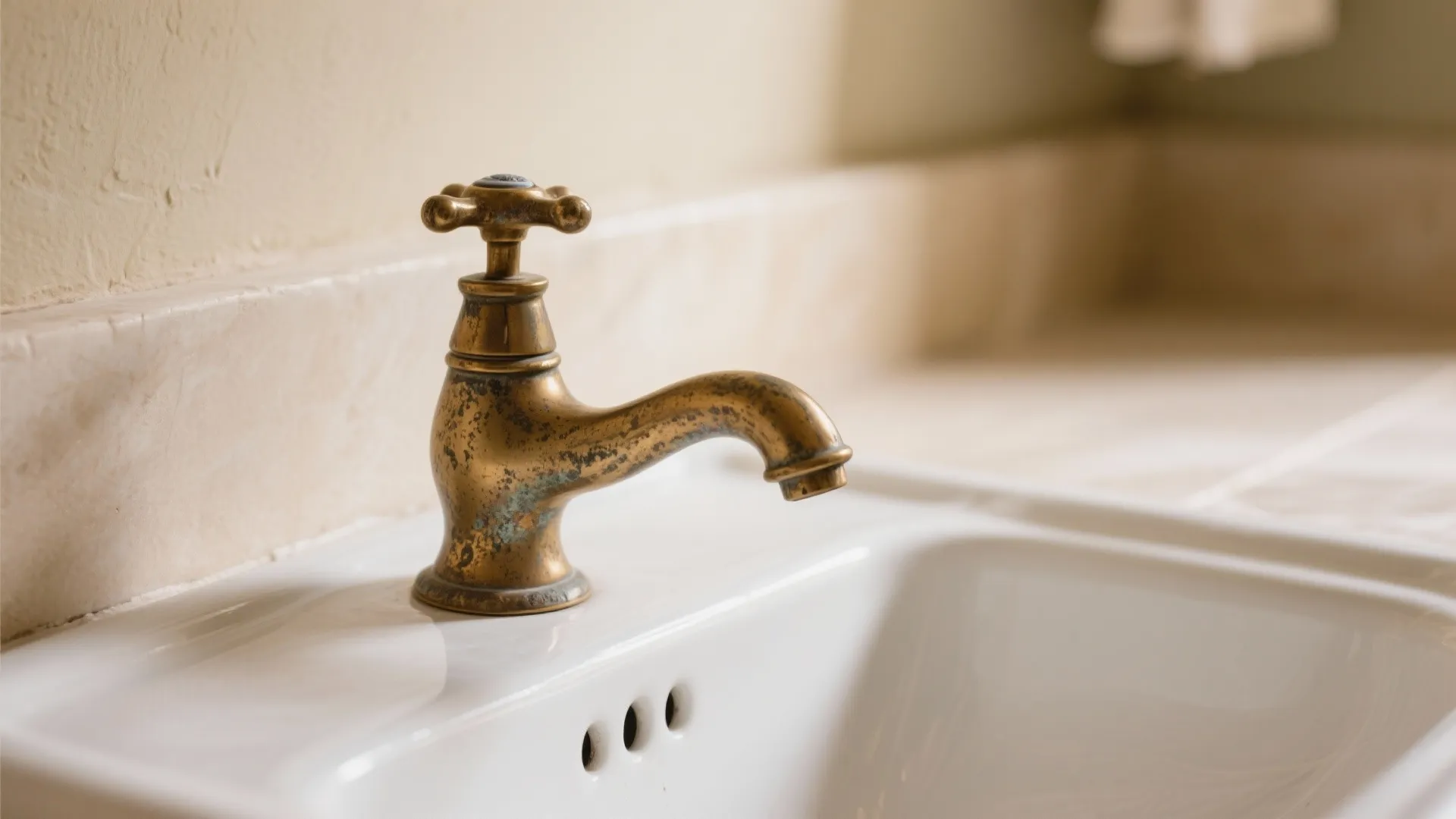 Close up view of a vintage brass water tap installed on a white ceramic bathroom sink
