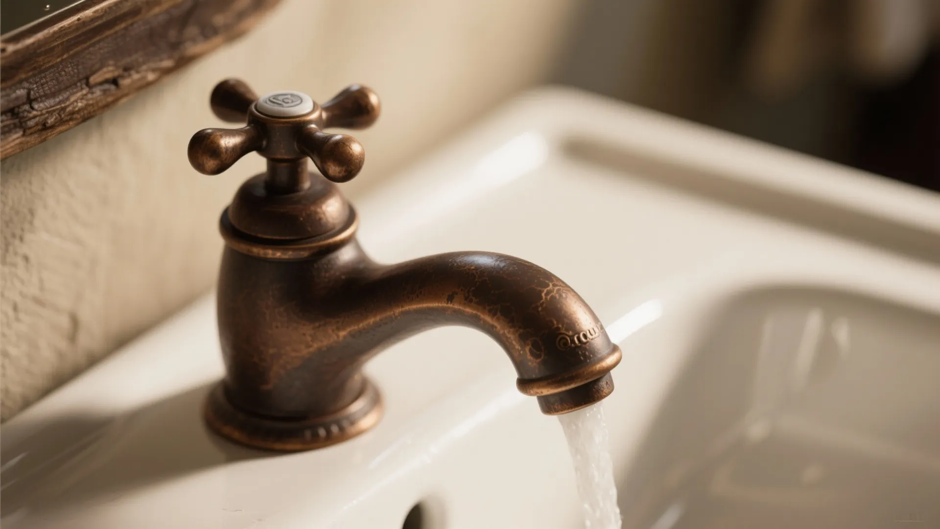 Close-up of oil-rubbed bronze bathroom faucet with rustic charm