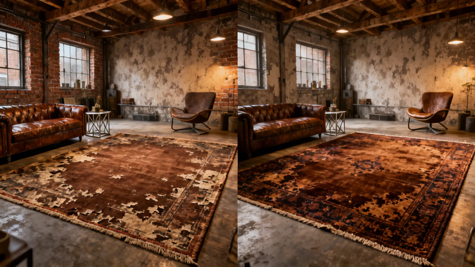 Before-and-after view of a loft with a distressed brown rug adding character.
