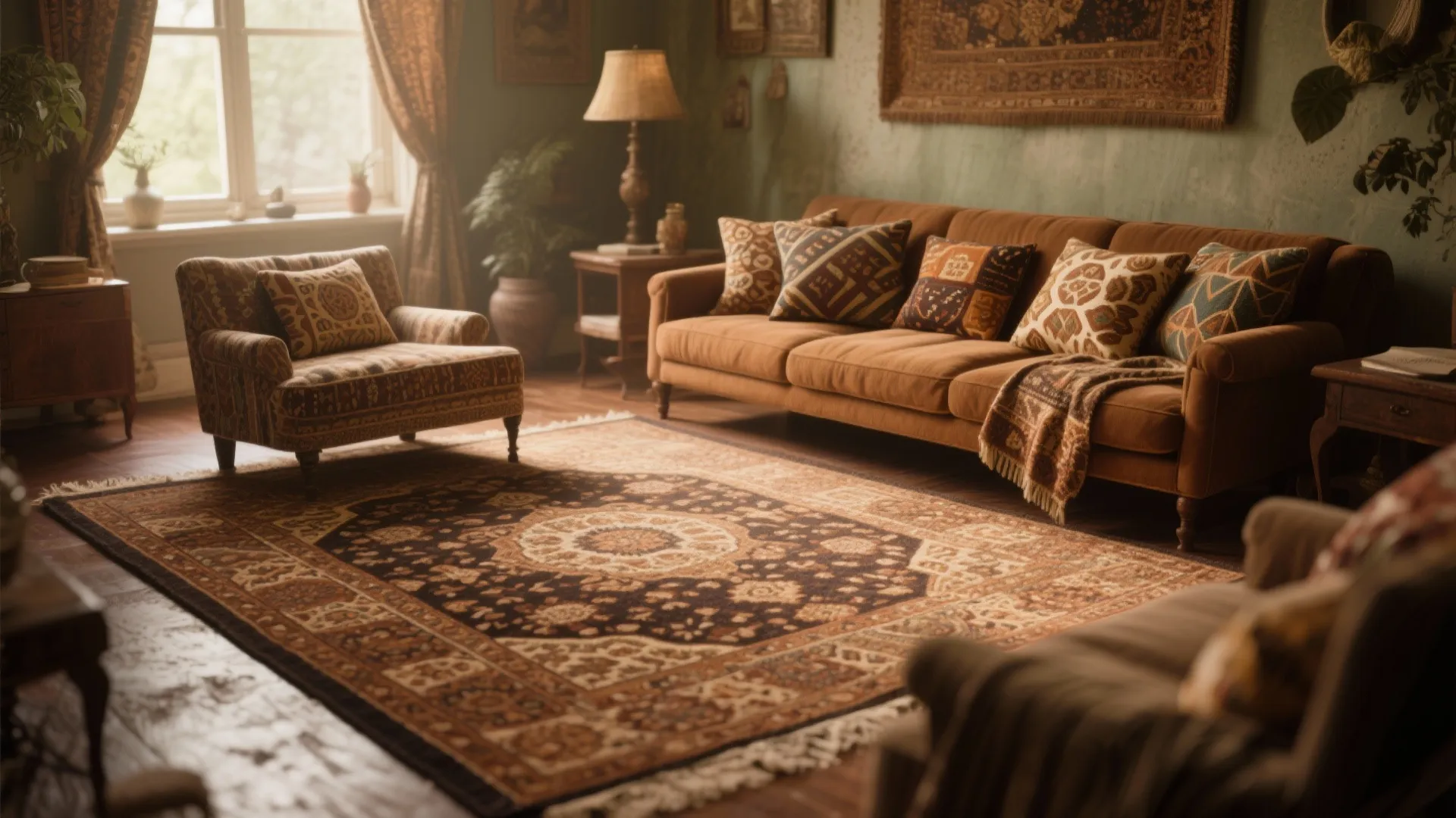 Vintage living room with brown carpet and Persian rug