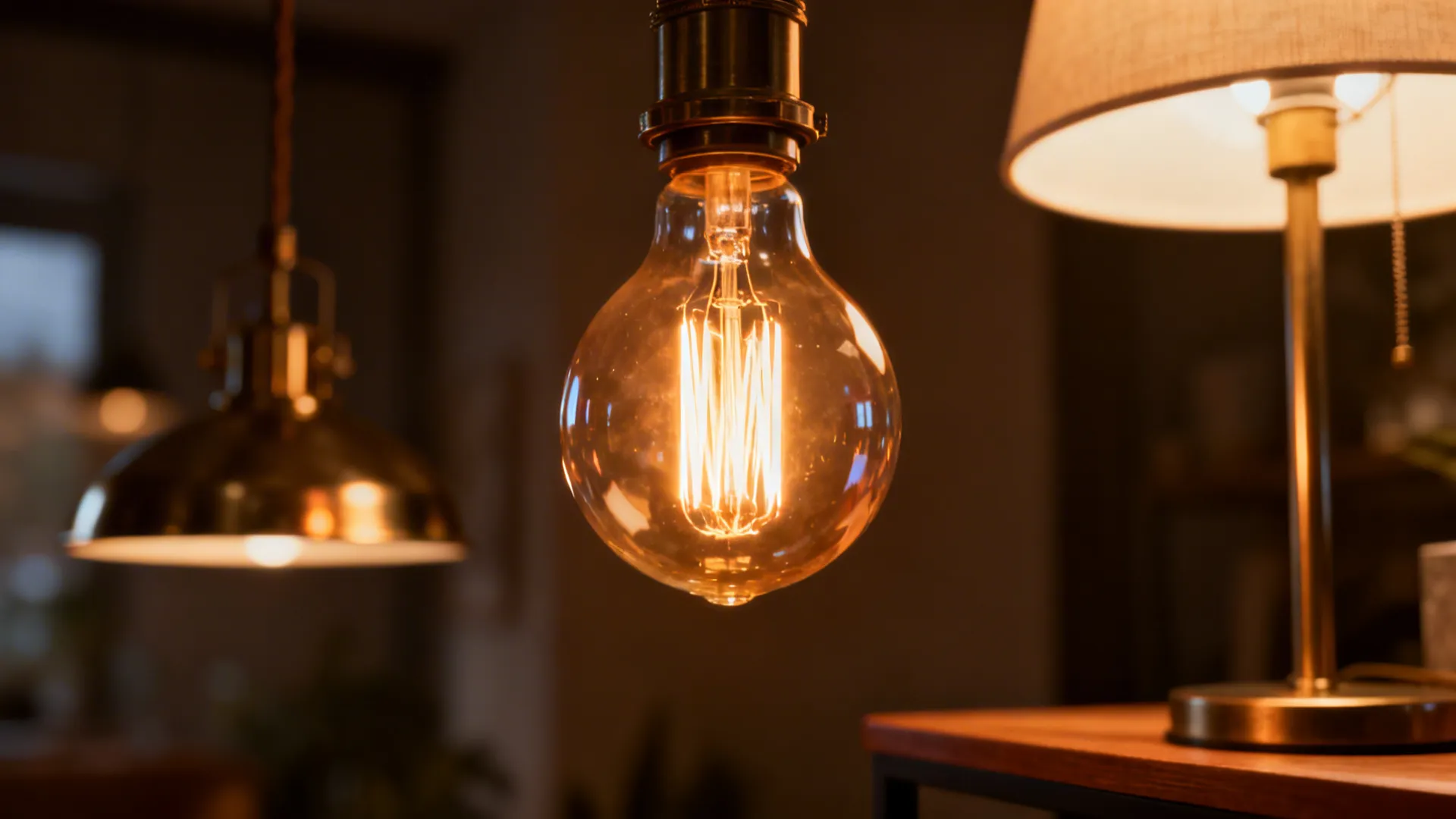 Warm glowing filament bulbs and layered lighting creating a cozy atmosphere.