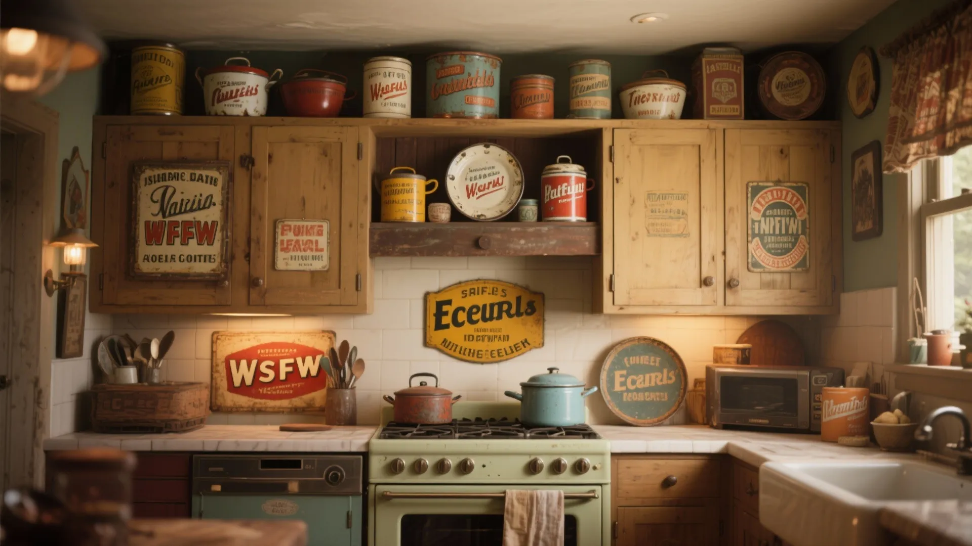 Rustic kitchen with wooden cabinets and many vintage metal tins and signs on the shelves