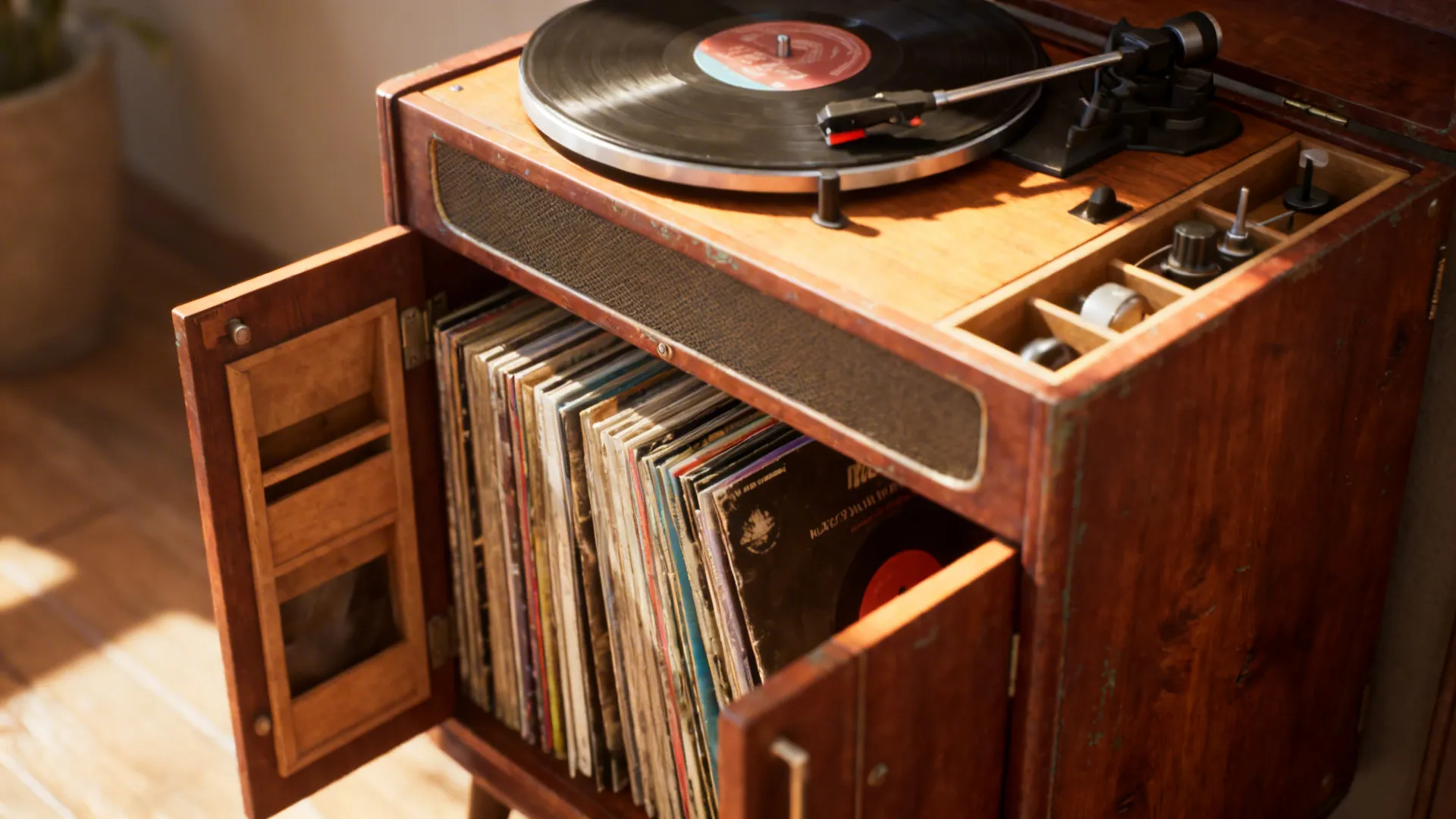 Restored vintage cabinet used as a stylish turntable station with records stored inside
