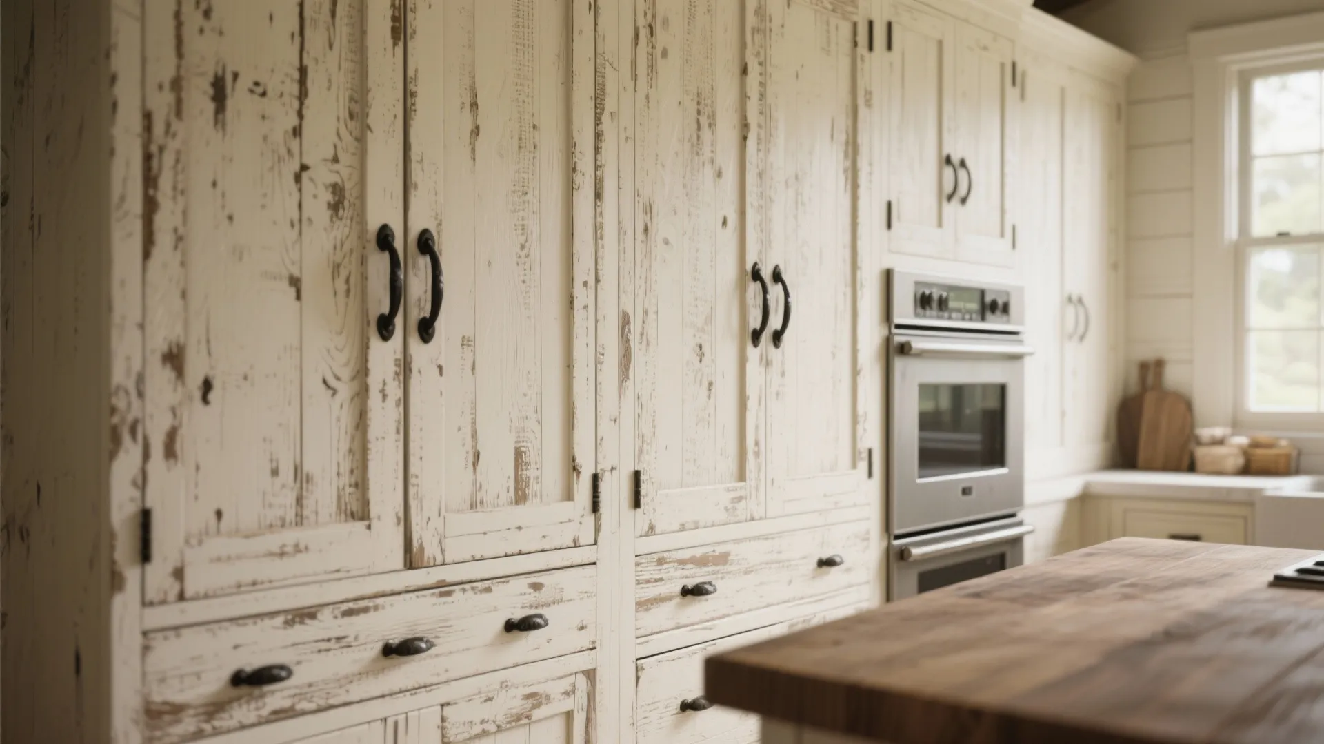 Vintage white kitchen cabinet with aged wood finish and black handles next to silver oven