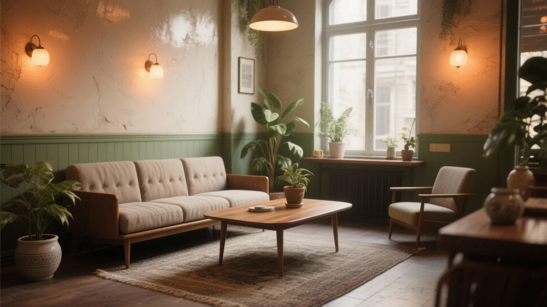 Vintage style living room featuring green wall panel wood coffee table and warm wall lights
