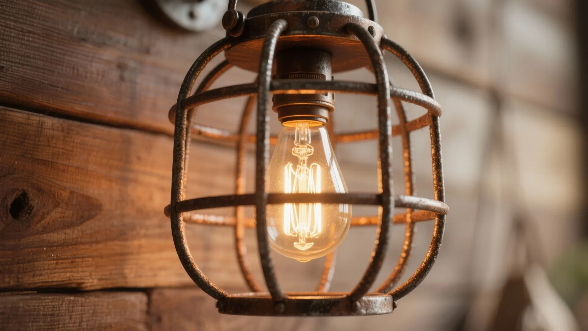 Close up of vintage wall light with metal cage and warm bulb on wood wall