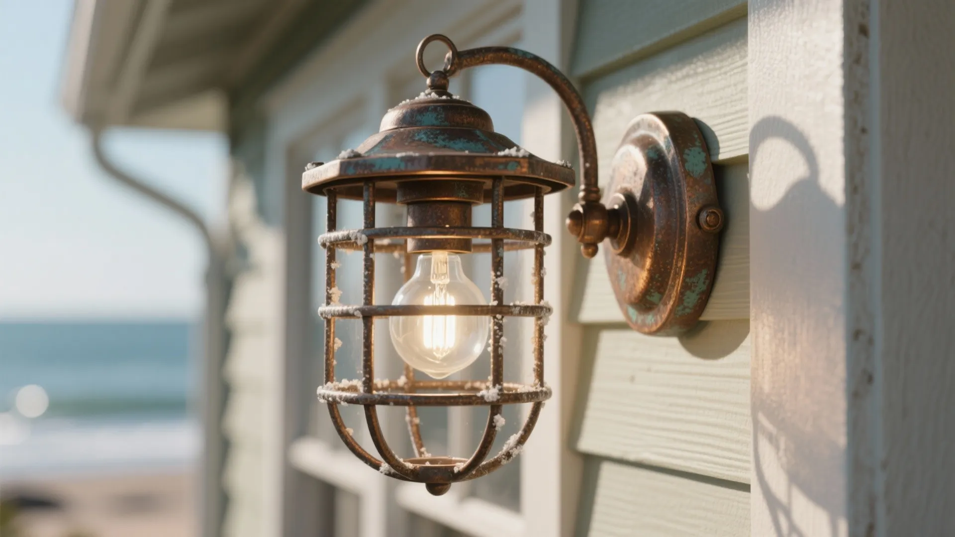 Vintage bronze cage wall light with glowing bulb mounted on light green wooden house exterior