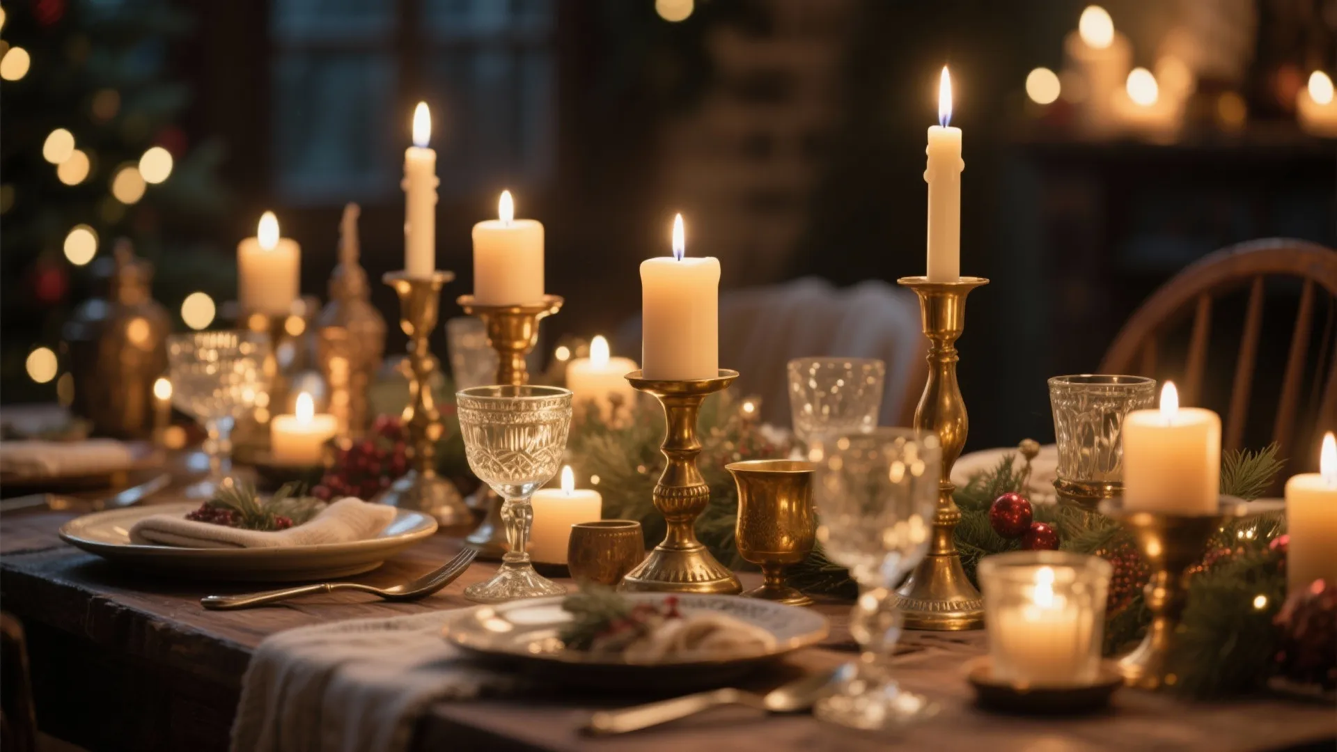Elegant holiday dinner table decorated with burning white candles in gold holders and crystal glasses