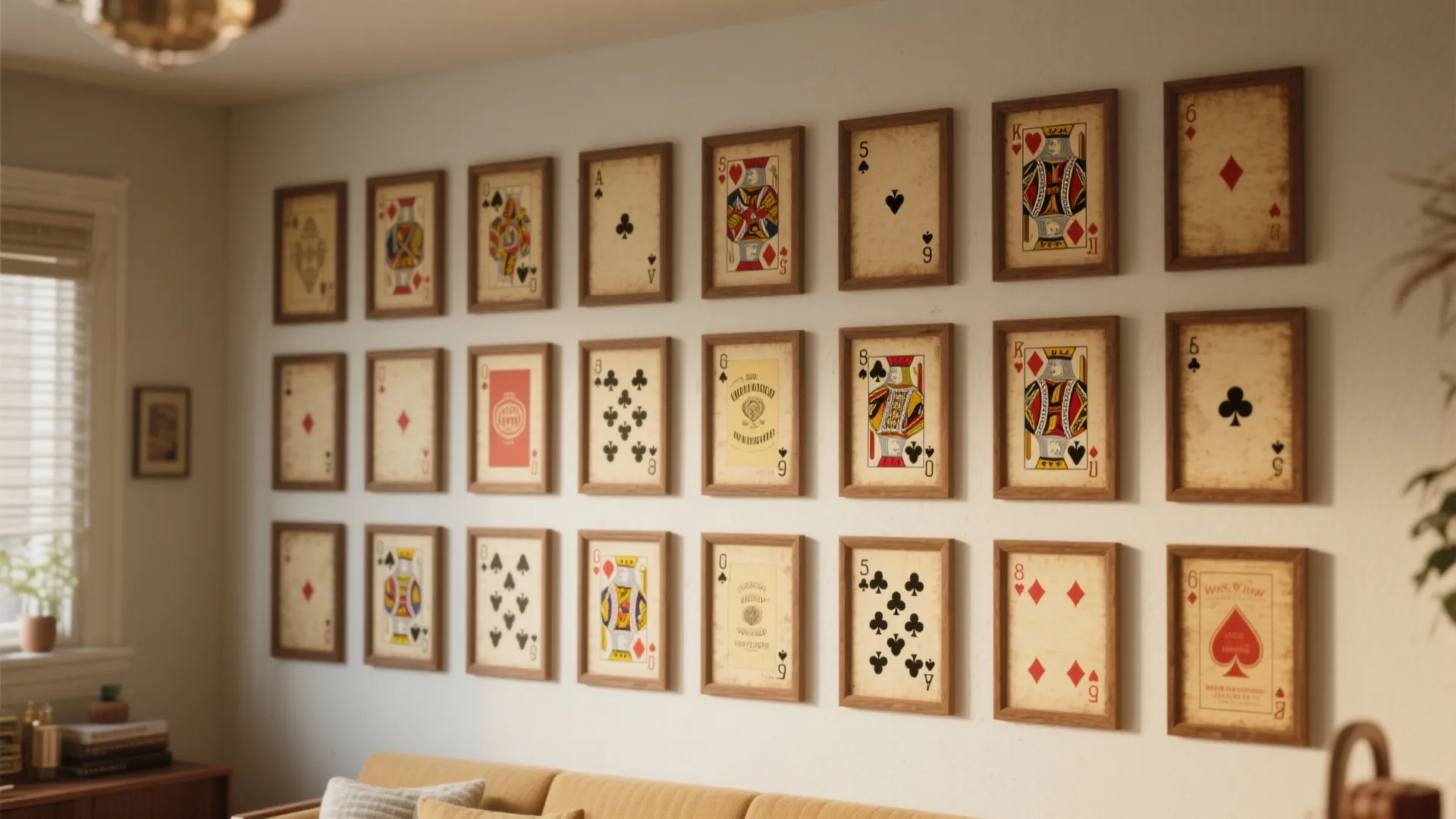 Grid display of vintage playing cards on wall