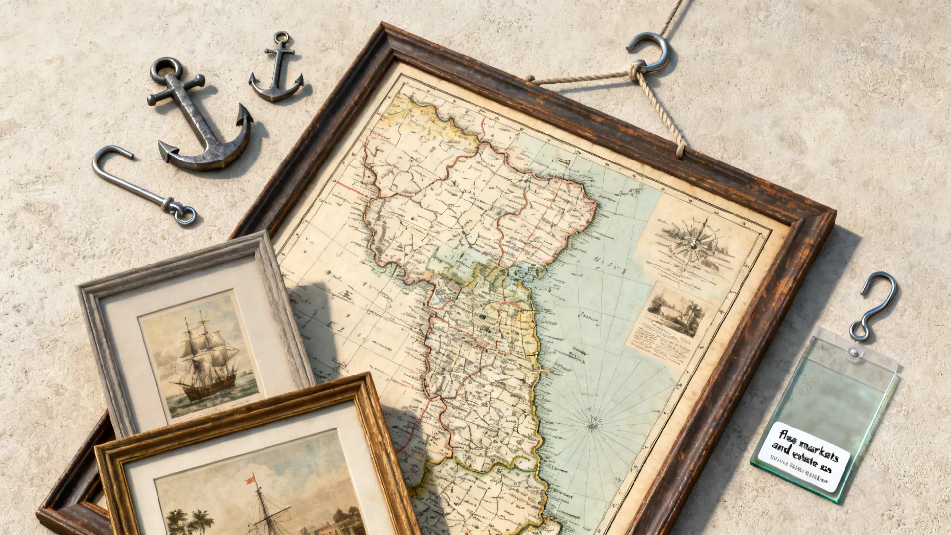 Flatlay of vintage art care items: hanging hardware, UV glass sample, framed prints and sourcing notes.