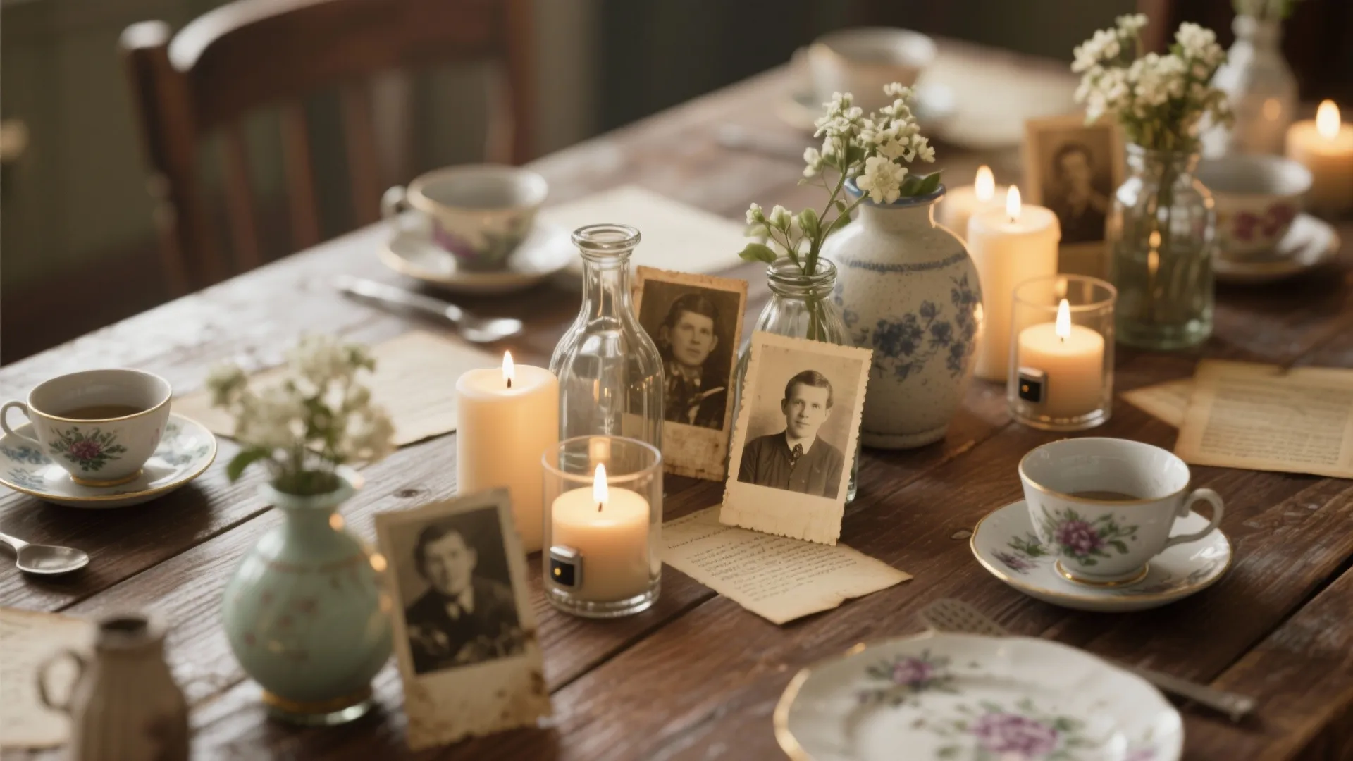 Wooden dining table decorated with vintage photos white flowers lit candles and floral tea cup sets