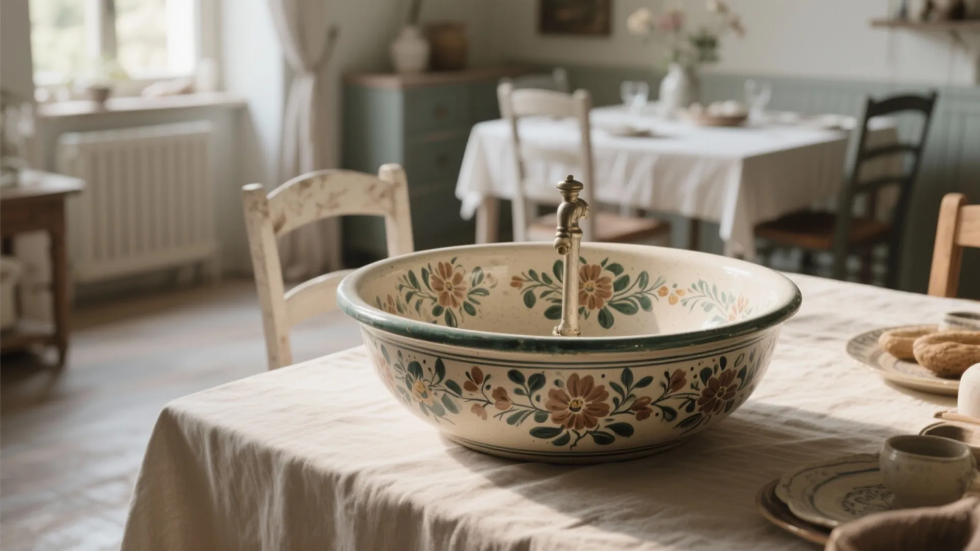 Vintage floral ceramic basin on a table with white tablecloth in a rustic dining room