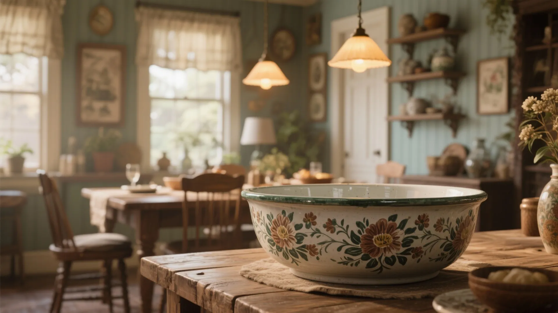 Vintage floral ceramic bowl on wooden table in a cozy rustic dining room with lights