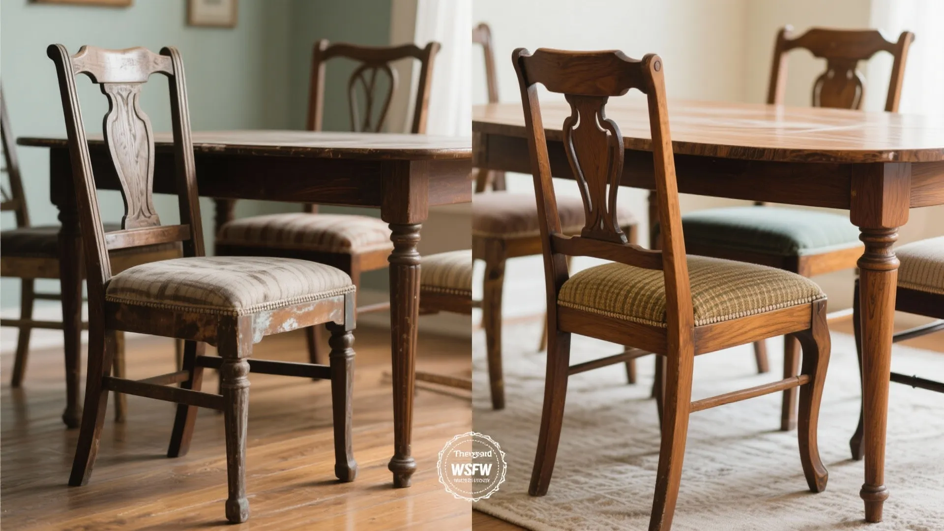 Before and after comparison of old worn wooden chairs next to restored polished wooden chairs