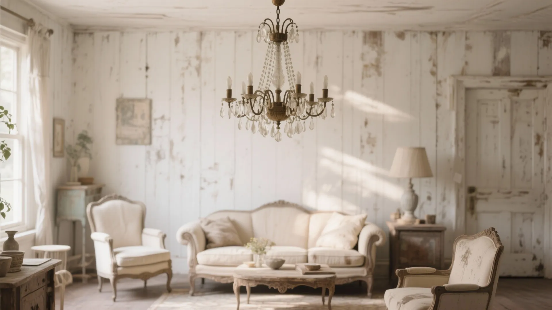 Vintage chandelier hanging in a shabby chic living room with antique furniture