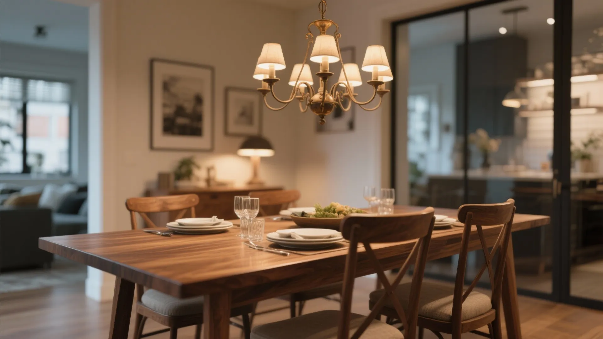Warm dining room featuring a wooden table with chairs under a classic brass ceiling light