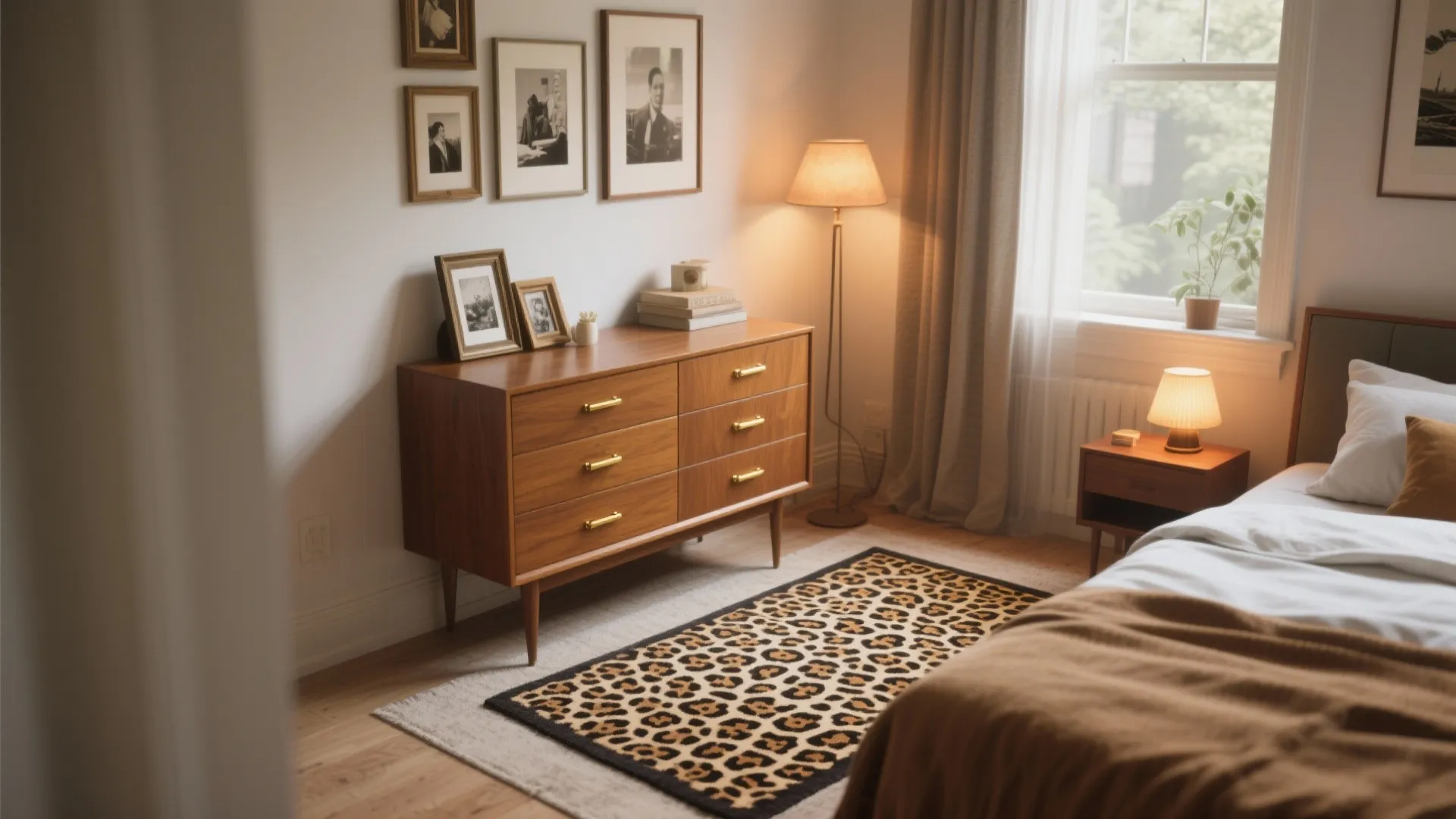 Vintage bedroom interior with wooden cabinet leopard print rug table light and framed wall pictures