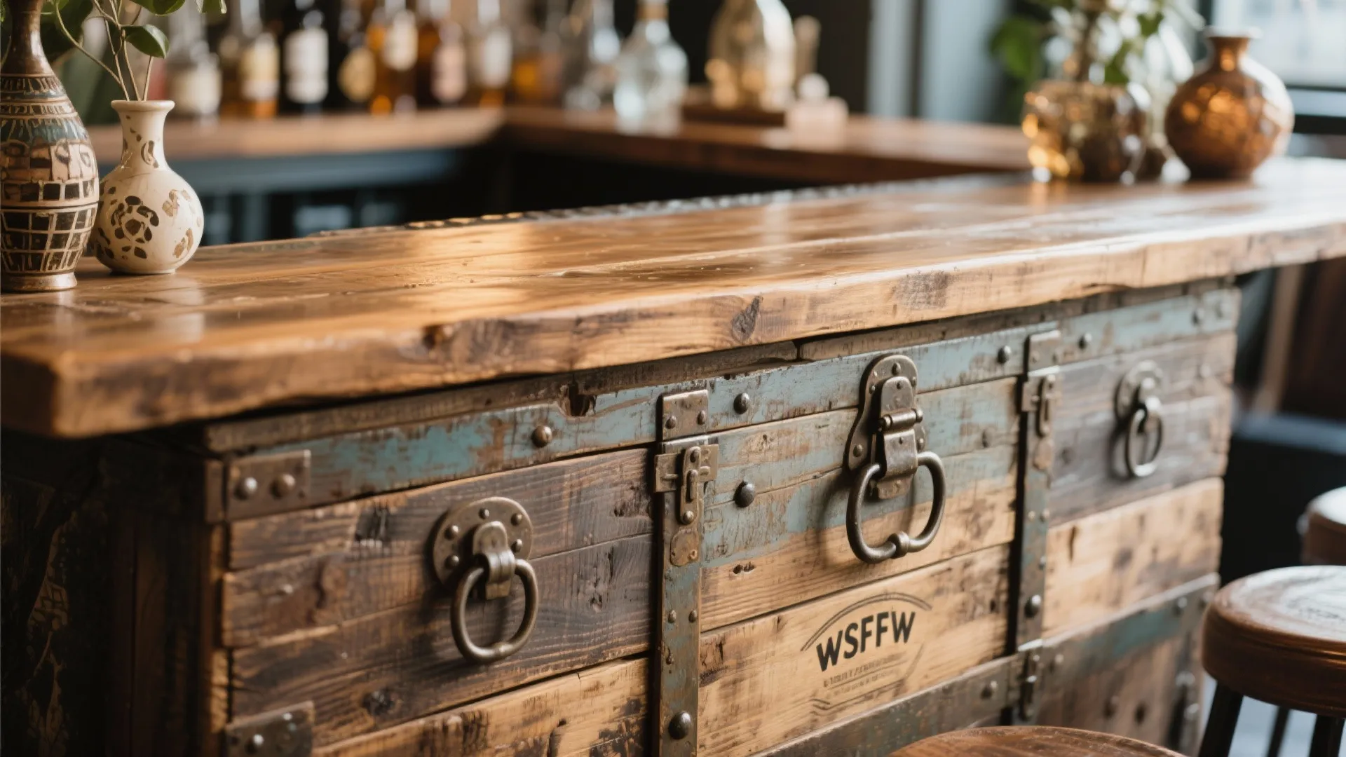 Close-up of a vintage chest repurposed as a bar table