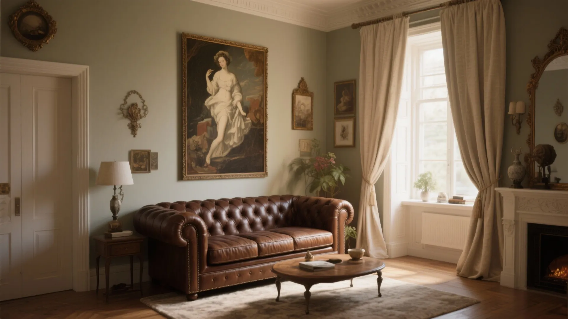 Elegant green living room with brown leather sofa large painting wooden coffee table and white curtains