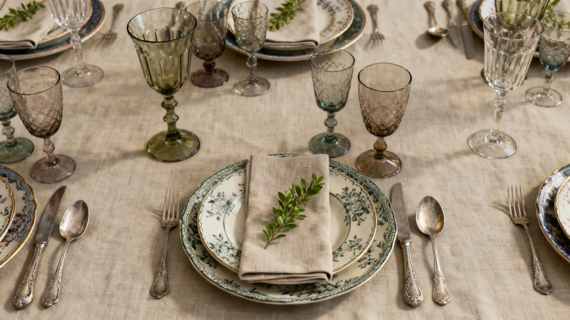 Vintage dining table setting with floral patterned plates linen napkins silver cutlery and colorful glasses